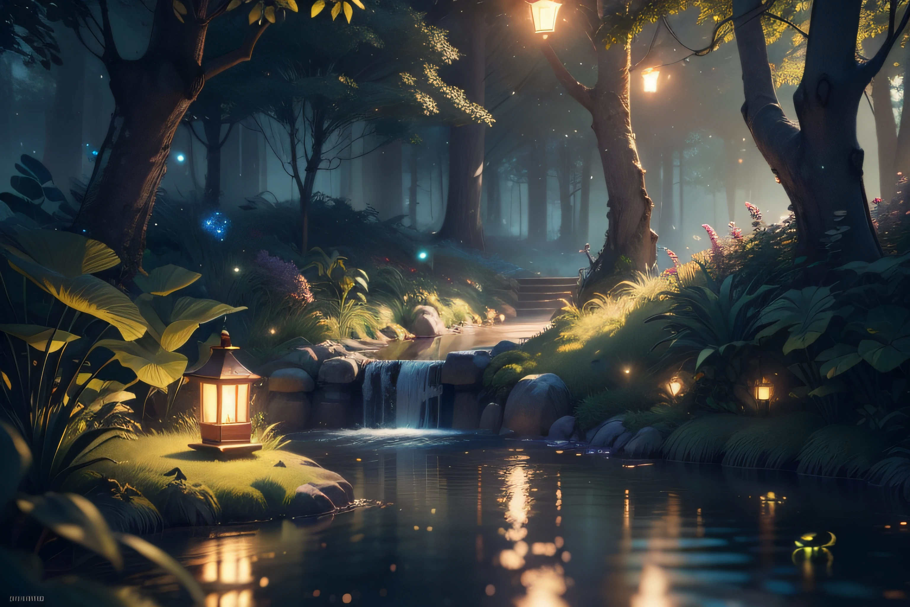 Masterpiece, best quality, (very detailed CG unity 8k wallpaper), (best quality), (best illustration), (best shadows), glow sprite, with a glowing dragon, in the swimming pool Drinking water, natural elements in the forest theme. Mysterious forest, beautiful forest, nature, surrounded by flowers, delicate leaves and branches surrounded by fireflies (natural elements), (jungle theme), (leaves), (twigs), (fireflies), (particle effects) etc. 3D , Octane rendering, ray tracing, super detailed