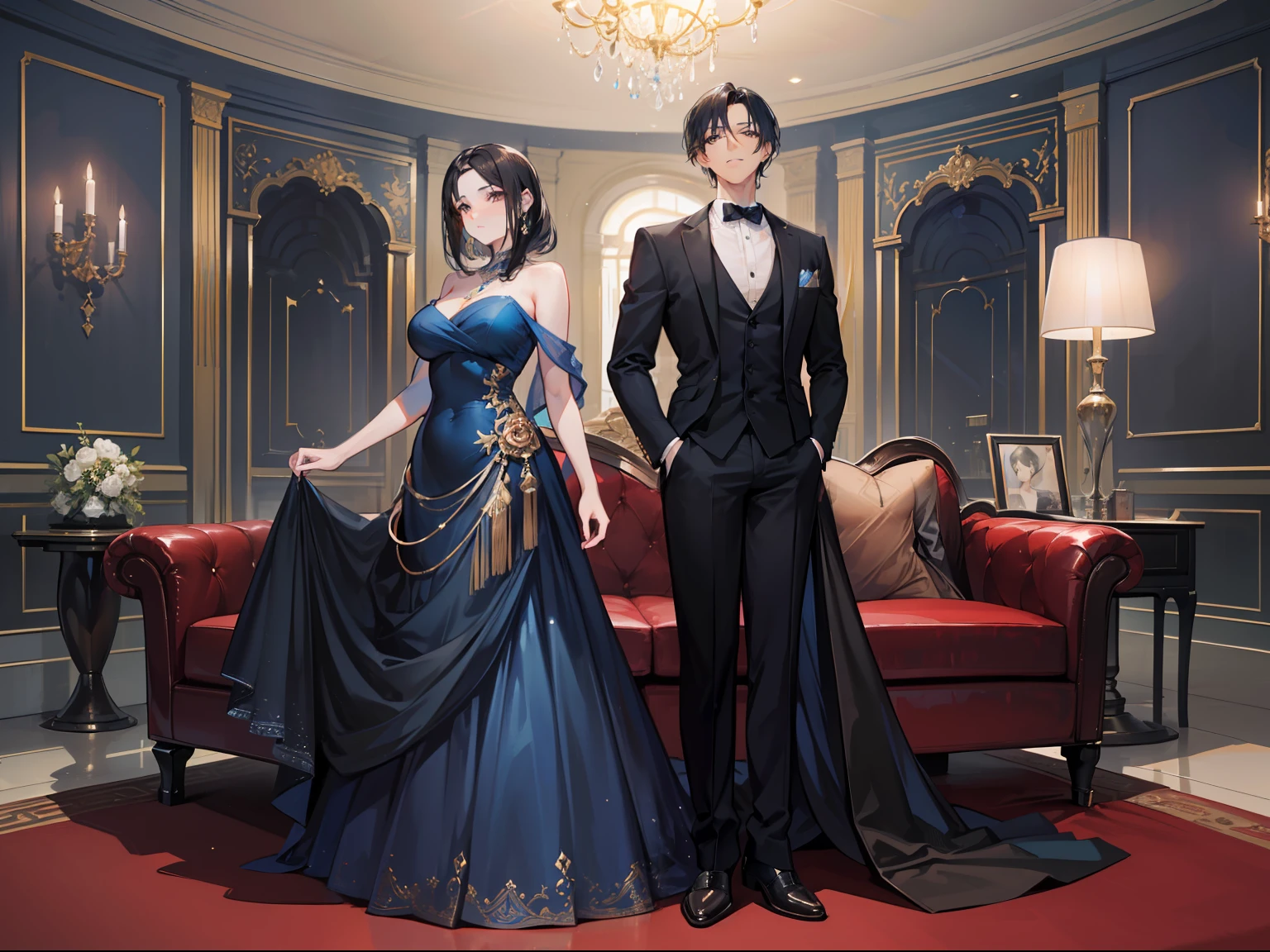 (A handsome man with short black hair wearing casual attire) embracing (An elegant woman with long brown hair wearing a blue dress) and (A woman with shoulder-length black hair wearing a cute dress).
Close-up display.
Full-body display.
Luxurious villa living room configuration.