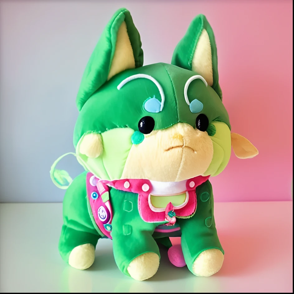 Green plush doll,Blue-pink fabric collar,sprout,adolable,plush,plush