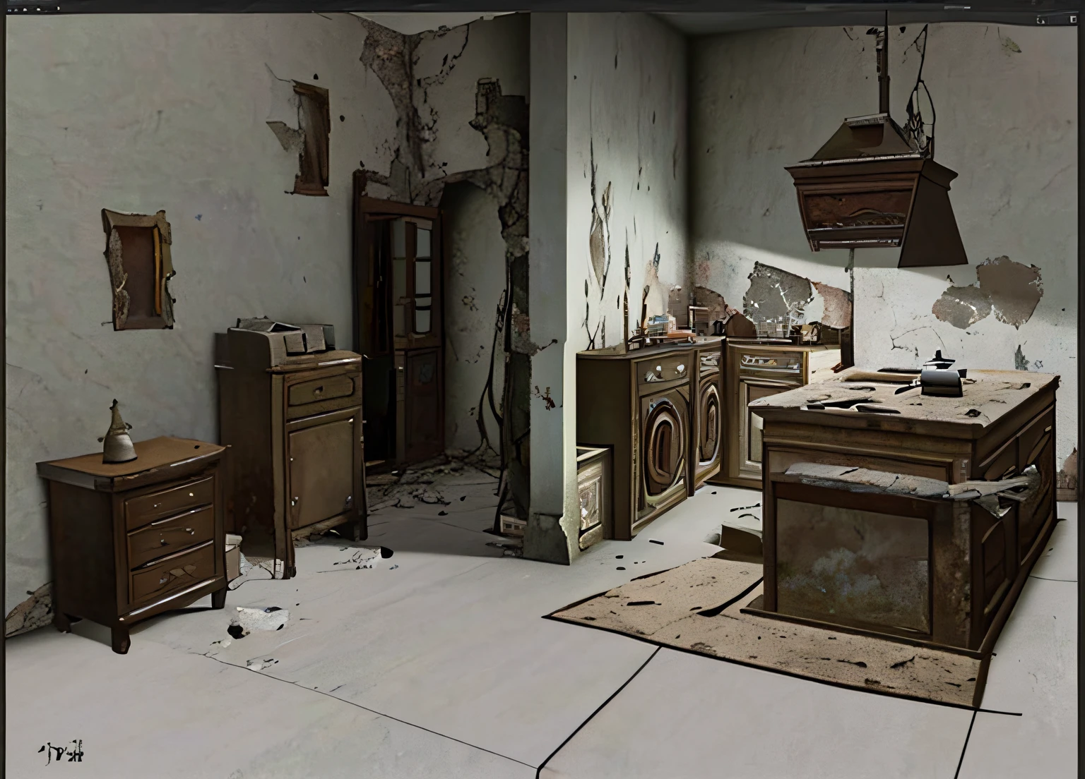 decrepit,Rooms with stone walls are furnished, old kitchen backdrop, 2d game environment design, interior background art, arte de fundo, old furnitures, old kitchen backdrop angled view, old furnitures, 3 d stylize scene, Stylized concept art, personal room background, concept-art!, game environment design, Stylized hand drawn textures