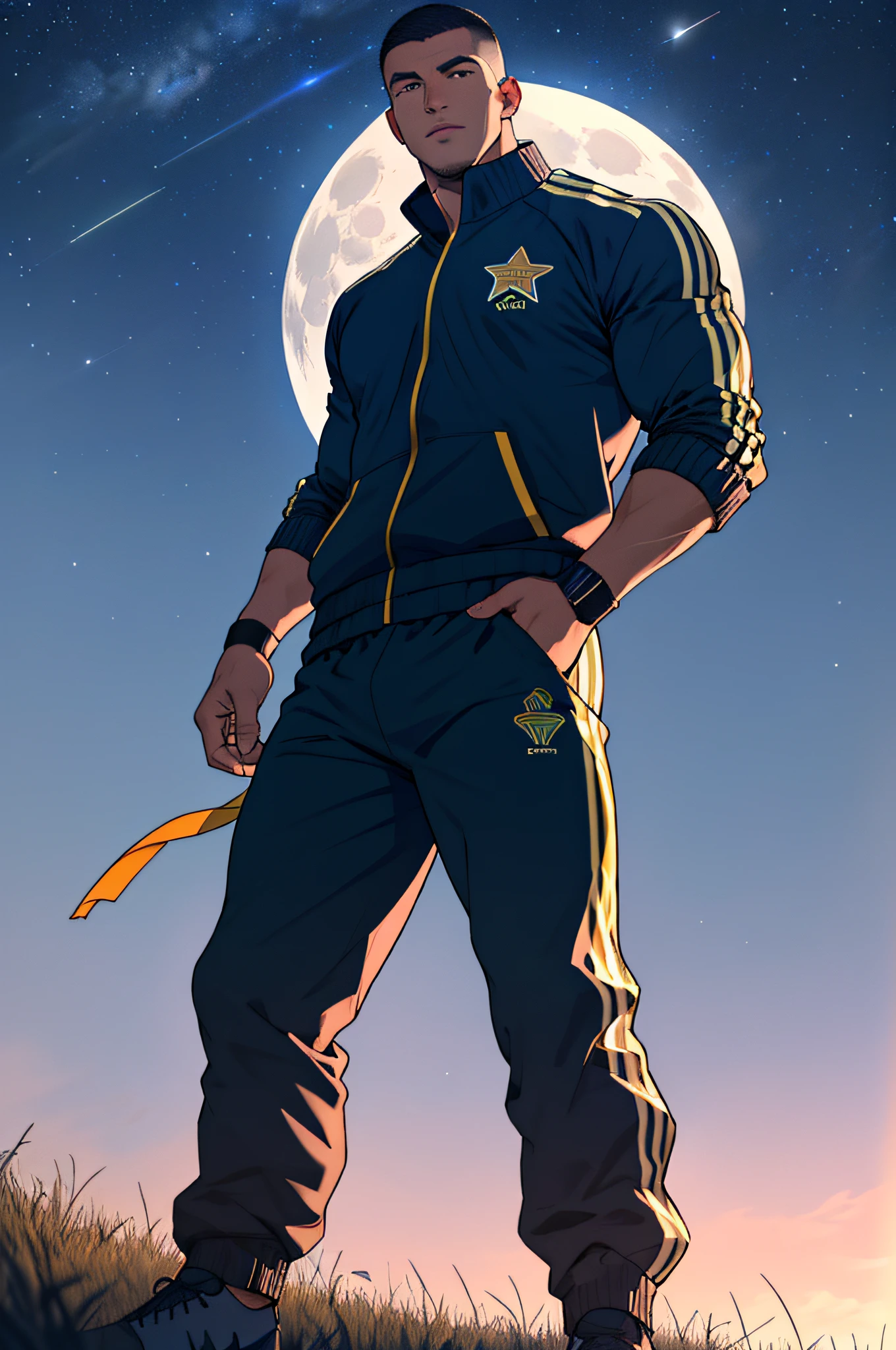 Draw a full-fledged footballer,Standing on the steppe at night,He was wearing a tracksuit,The man looks confident and determined,looking-down,Crew cut,full bodyesbian,Stars dot the sky,shooting from below,Big moon highlights background