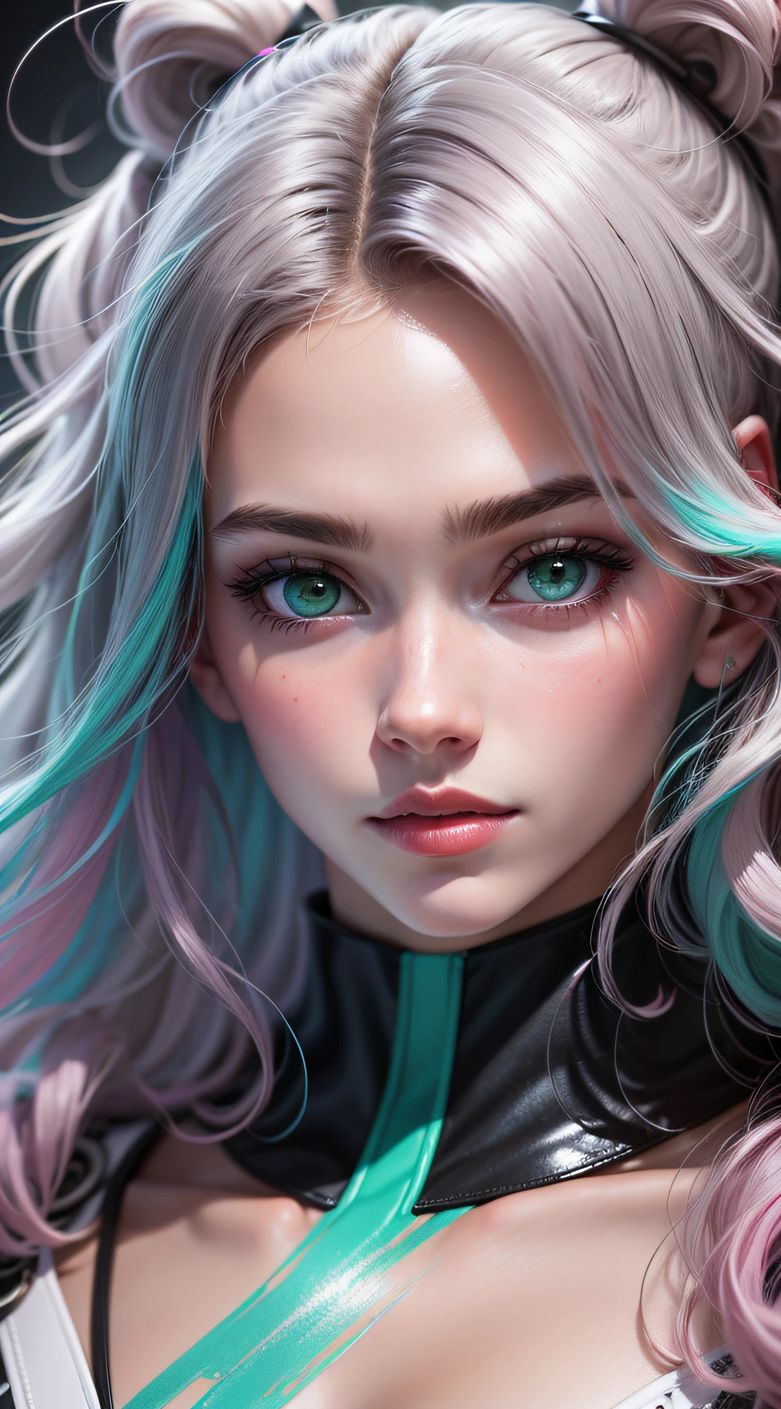 'Close up portait beautiful girl, prated hair, green eyes, in modern fighting costume, hyper realistic, pastel colors, complementary colors, soft colors, vibrant colors, dramatic colors, vaporwave, retrowave, black and white, colorfull, artochrome, highly detailed, 4K'