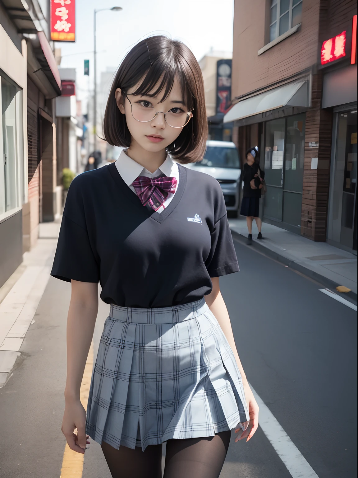 （8K、Raw photography、top-quality、​masterpiece：1.2),(bob cuts),cocky,School,watching at viewers,Looking at the front,Muchimuchi,Erotic,Pupils,(Light Blue Bra,Bras showing through shirts),de pele branca,kne,(Black pantyhose),absurderes,a small face,small tits,flat breast,Parting the bangs from the middle、Forehead visible,(a cold expression,Tight eyes,glares,Bullish,skinny,Rasping,irate)、​masterpiece,top-quality、超A high resolution,Raw photo,ren,Beautiful fece,One Person, 独奏,eye glass,,Dark look,Small breasts,fullllbody,Round glasses、cute little,JK school uniform,hi-school girl,A Japanese Lady,is standing,（Photorealsitic：1.37）、Photon mapping,Realistic、Beautie,Cute little face,Brown-eyed、Black socks、(Red bow tie)、Radio City、Physically Based Rendering、depth of fields、Blurry background、a picture,Body,teens girl,beauty legs, Long legs, Thin leg,(Bangs are visible), hair, s lips, Blue_The eye, nosesoft,(Light blue shirt), (Navy and blue and white plaid pleated skirt), Knees are visible,Sheer clothing,, Thigh, Black cotton socks,Nogizaka Idol, 女優, Japanese ido