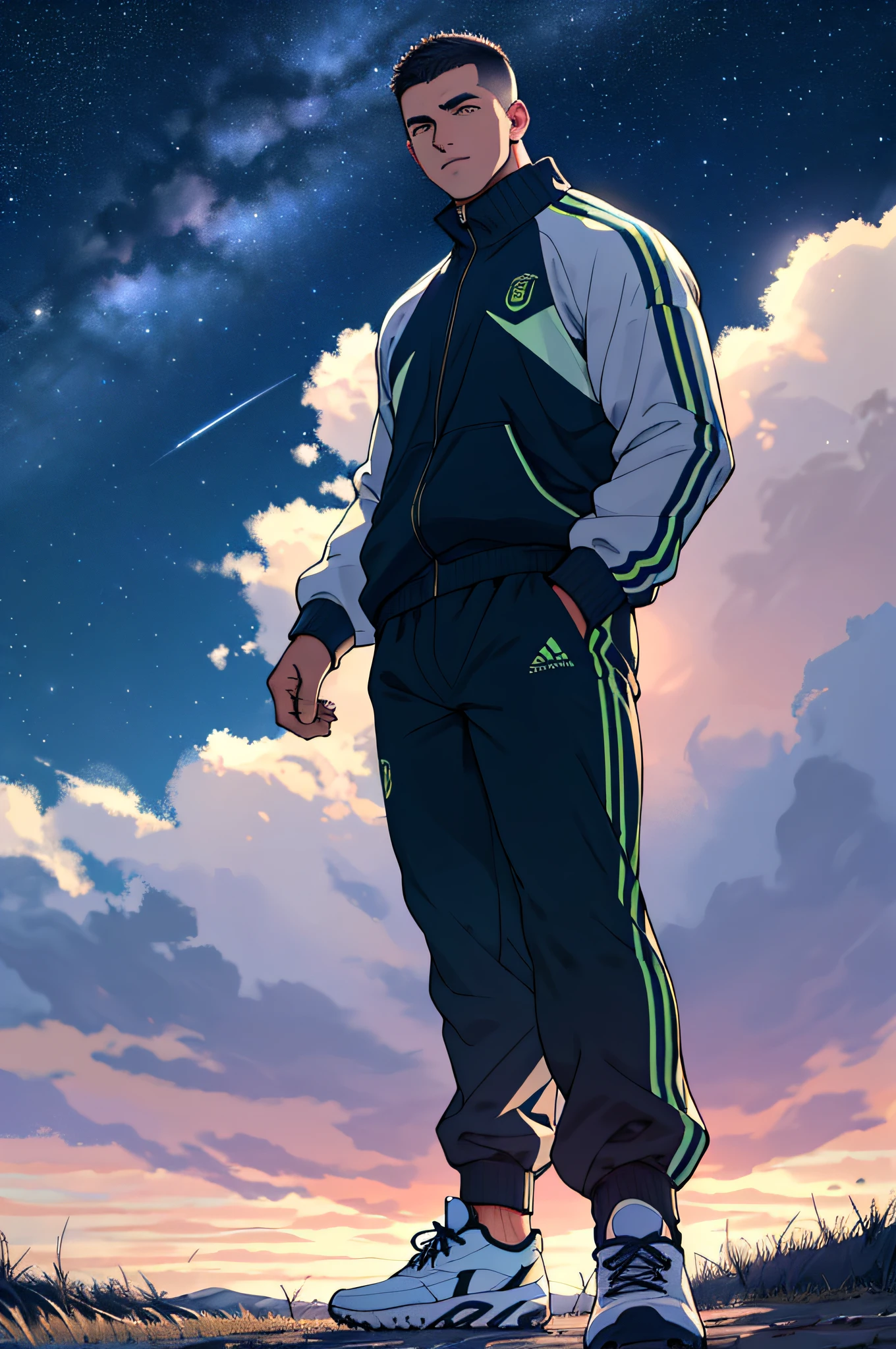 Draw a full-fledged footballer，Standing on the steppe at night，He was wearing a tracksuit，The man looks confident and determined，looking-down，Crew cut，full bodyesbian，Stars dot the sky，shooting from below，Big moon highlights background