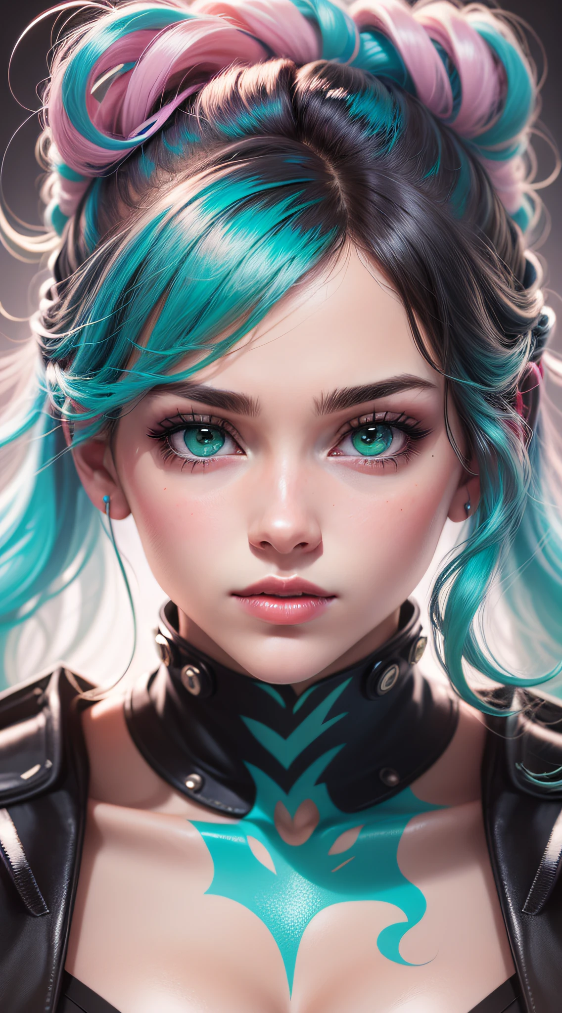 'Close up portait beautiful girl, prated hair, green eyes, in modern fighting costume, hyper realistic, pastel colors, complementary colors, soft colors, vibrant colors, dramatic colors, vaporwave, retrowave, black and white, colorfull, artochrome, highly detailed, 4K'