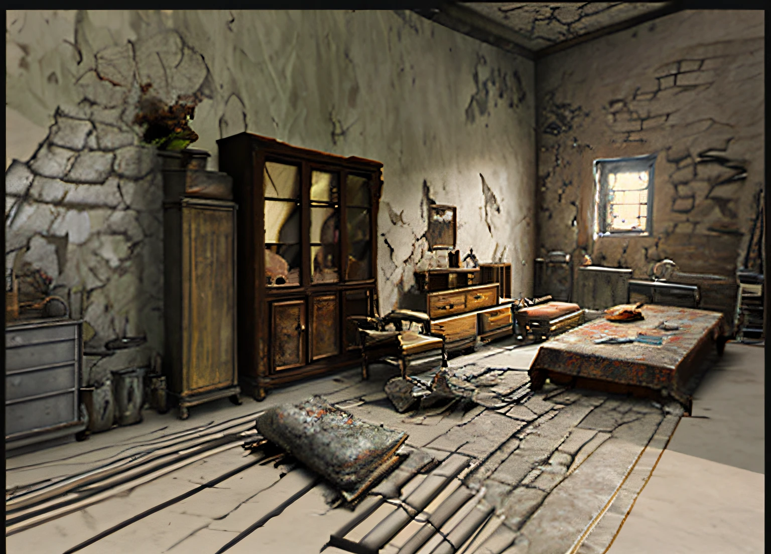 decrepit,Rooms with stone walls are furnished, old kitchen backdrop, 2d game environment design, interior background art, arte de fundo, old furnitures, old kitchen backdrop angled view, old furnitures, 3 d stylize scene, Stylized concept art, personal room background, concept-art!, game environment design, Stylized hand drawn textures