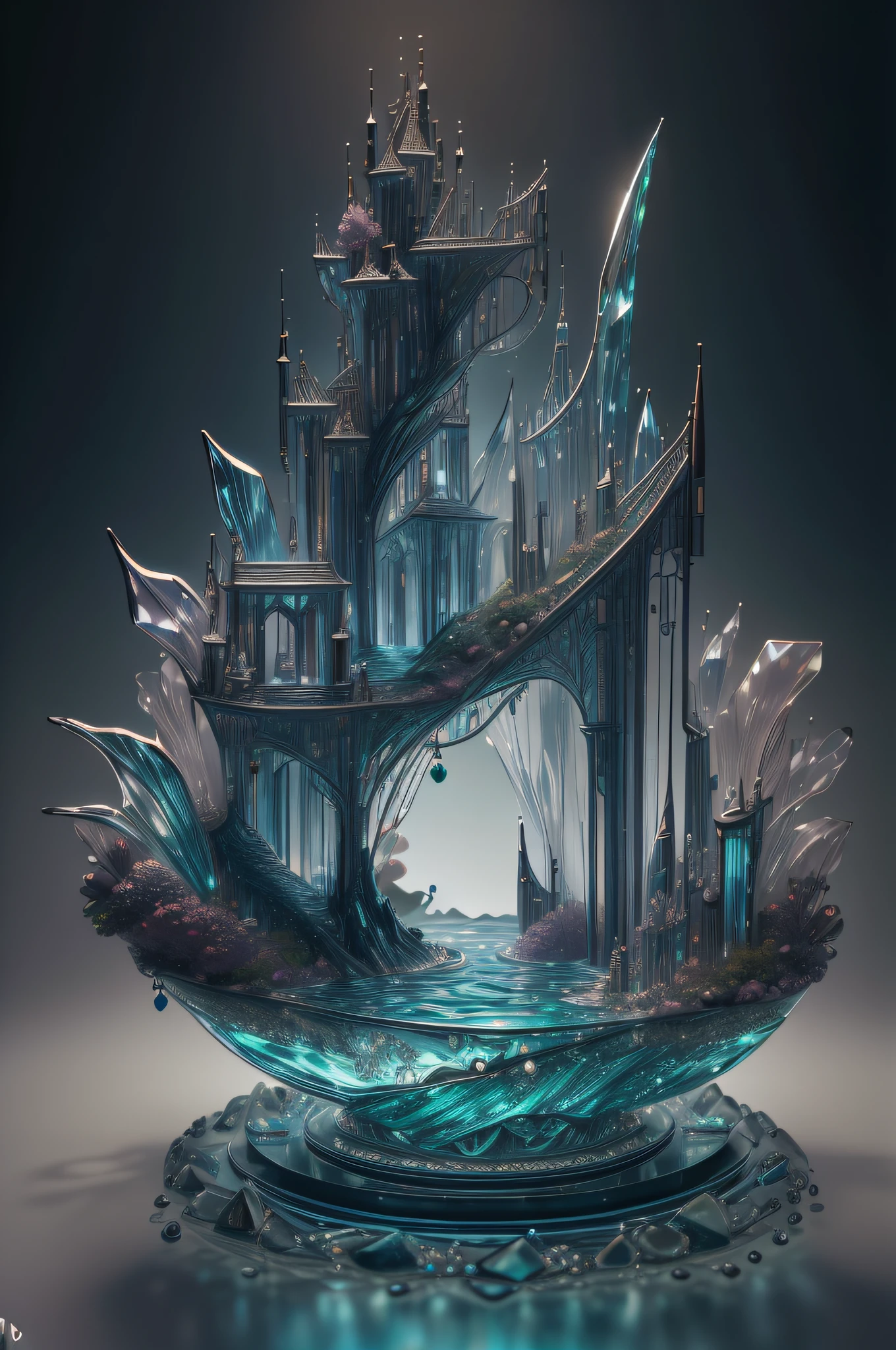 "High quality crystal sculpture with natural aquatic plants inside, kingyo, water, brilho, fantasia, incredible details, obra-prima, melhor qualidade, rtx, 4k, 8k,".