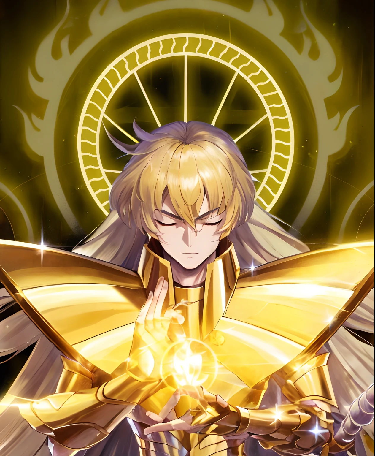 Saint Seiya, Virgo Shaka, long blonde hair, young man, golden armor, power, knights of the zodiac, golden knight, eyes closed, serious, shaka, man