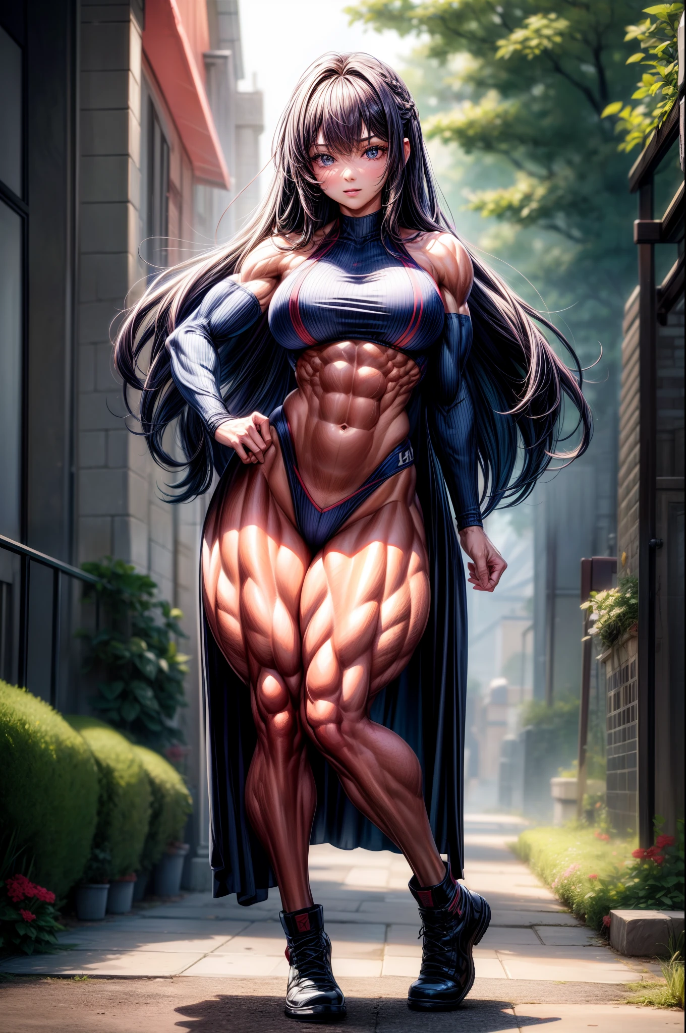 (BEST lighting) , (ultra intricately detailed) , 4K unification, (super-detailed CG: 1.2) , (8K: 1.2),(Original), (Masterpiece) , (Best quality),(Masterpiece:1.4),Anime-ish high quality,(Masterpiece),Masterpiece, Super clear picture quality,Clearer than movies,(Fine face)Best quality, absurderes,((masterpeace, 4K, 8K, Yes, A high resolution))1girll, girls,She was in the garden,Full body like,standing on your feet,Exposing the abdomen, Crop topping,There are bulges of dense veins on the arms,Spring, Boots, Perfect figure, Long purple hair, Dynamic pose,Legs exposed,Strong leg muscles,Thigh muscles ((body builder:1.5)),Spring Garden,(Beautiful bace),(Girl),(Female),(((Upper body:1)))