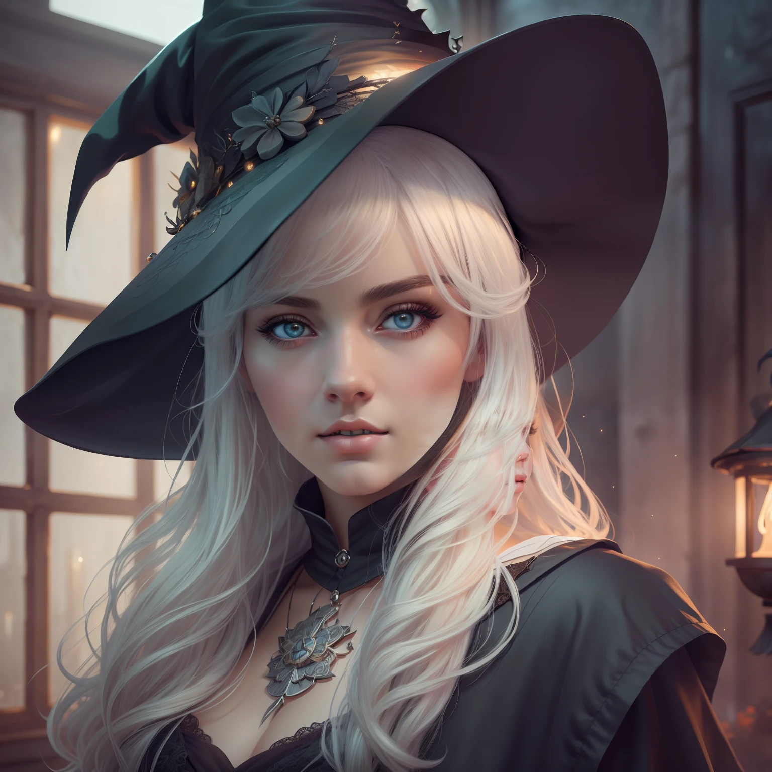(masterpiece), (best quality), photorealism, realistic, ultra detailed, 8k resolution, (1girl), solo, beautiful girl, white hair, witch, front light, cinematic light, cold light, dark background, witch hat, indoor, mystery, fantasy, pumkin
