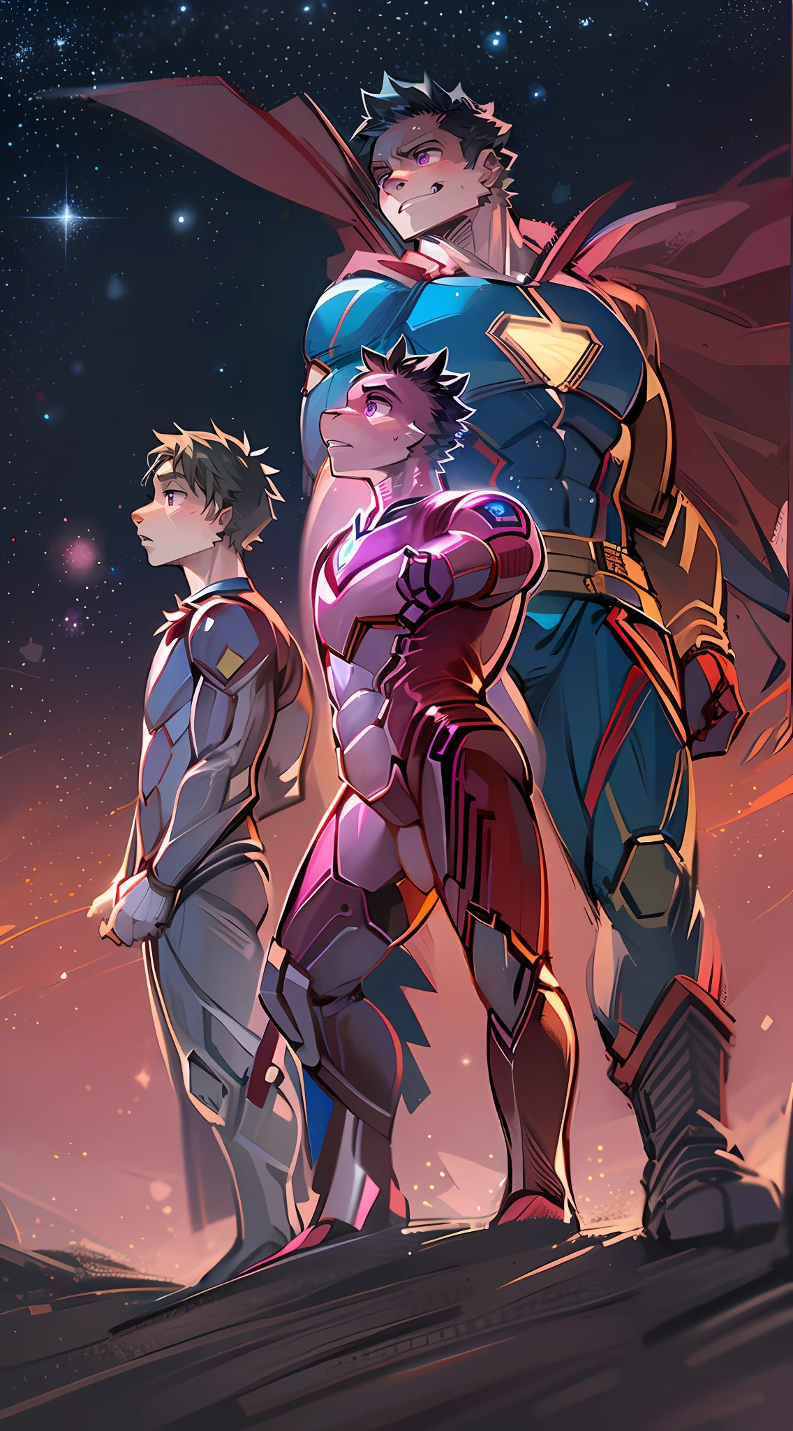 Three people,Iron Man,over-Tortoise Man,mtu,Stand on the planet ,the night,Pink-purple starry sky,