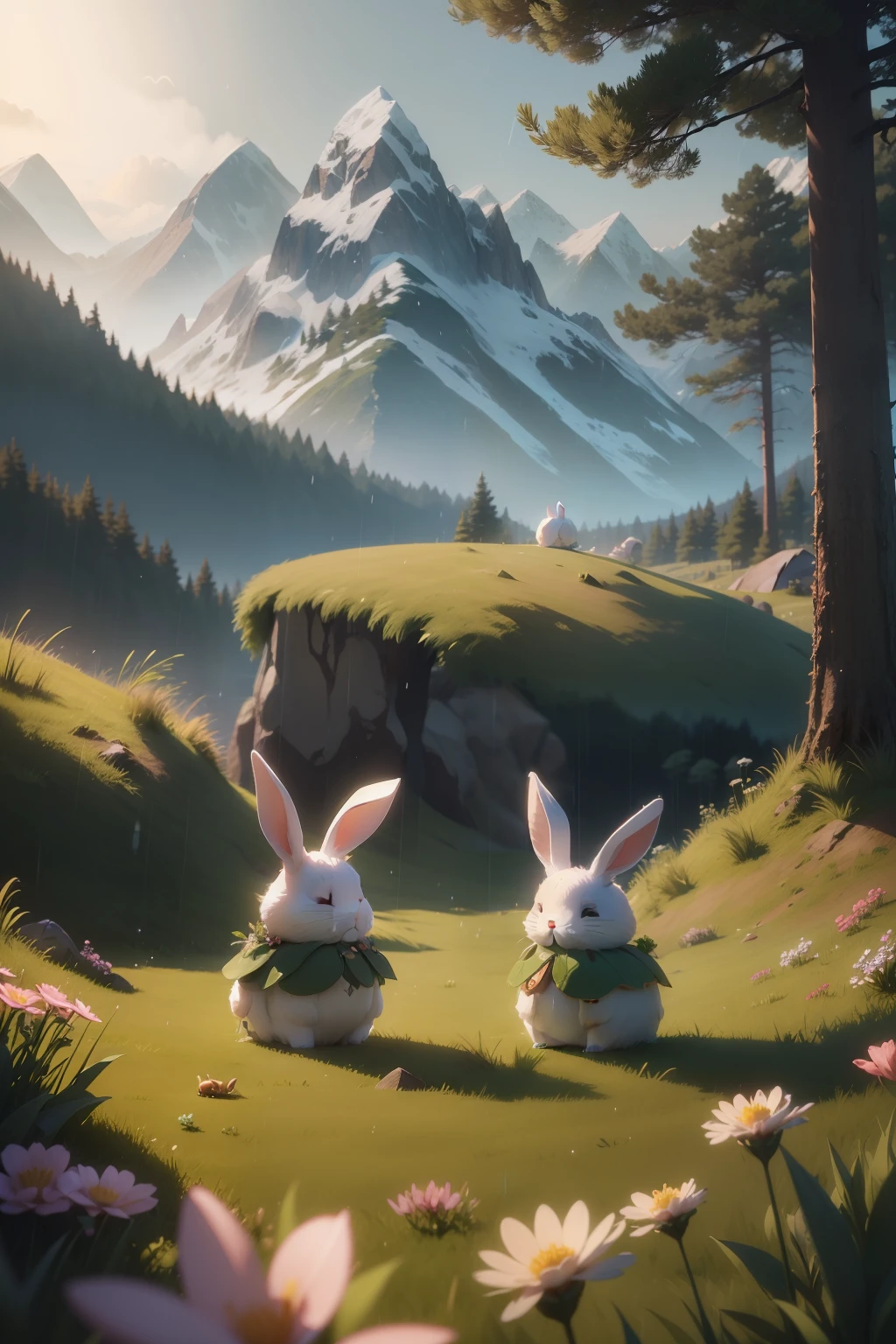 (Two rabbits camping in the grass: 2), (Fluffy cute rabbit: 1.2), (tenten: 1.5), (rain: 1.8), Distant mountains, Grass, Flowers, Earth on the World Tree, surrealism, pastelcolor, delicate glow, 3D rendering of, overclocking, High quality, 8K,