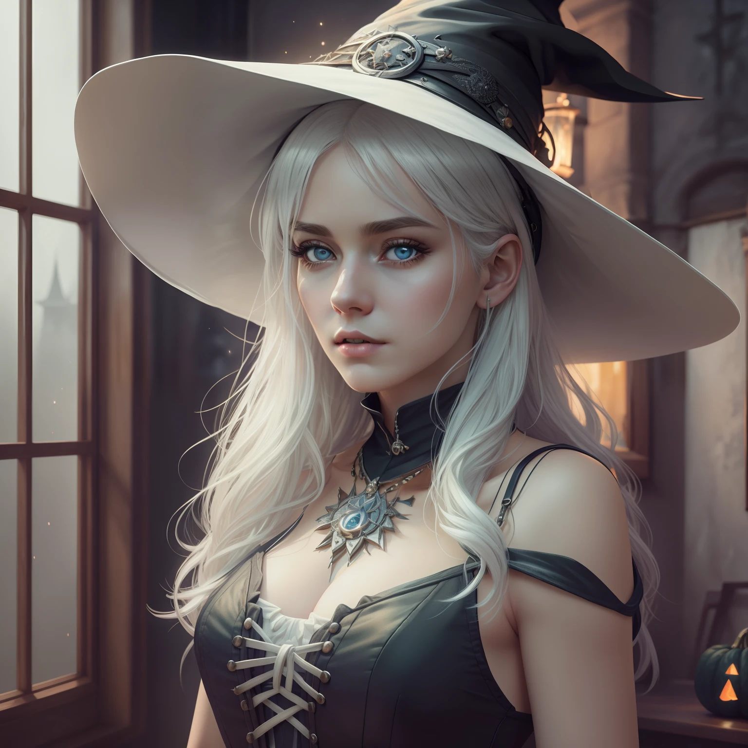 (masterpiece), (best quality), photorealism, realistic, ultra detailed, 8k resolution, (1girl), solo, beautiful girl, white hair, witch, front light, cinematic light, cold light, dark background, witch hat, indoor, mystery, fantasy, pumkin