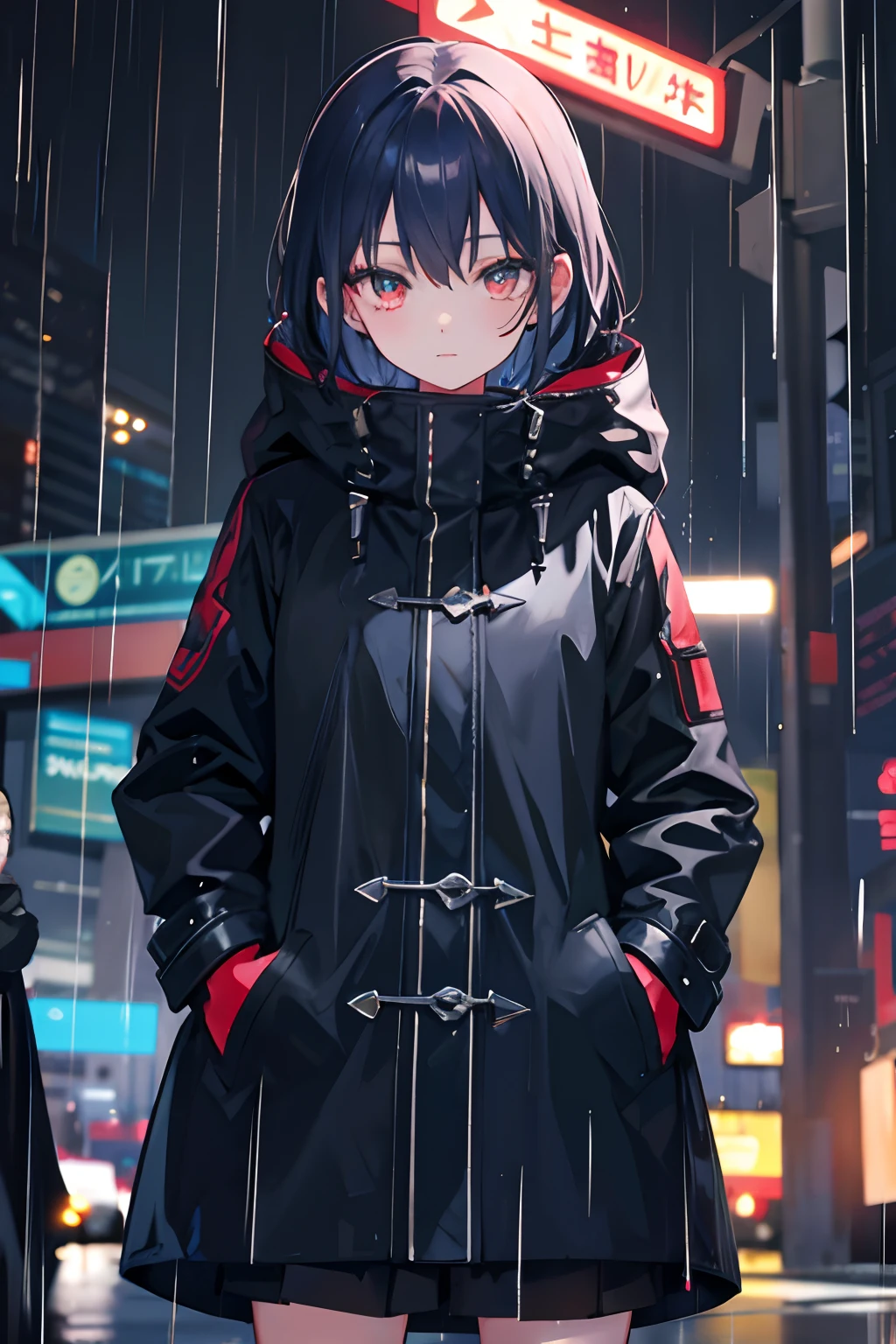 1girl, Night City, rain, coat, hands in pockets