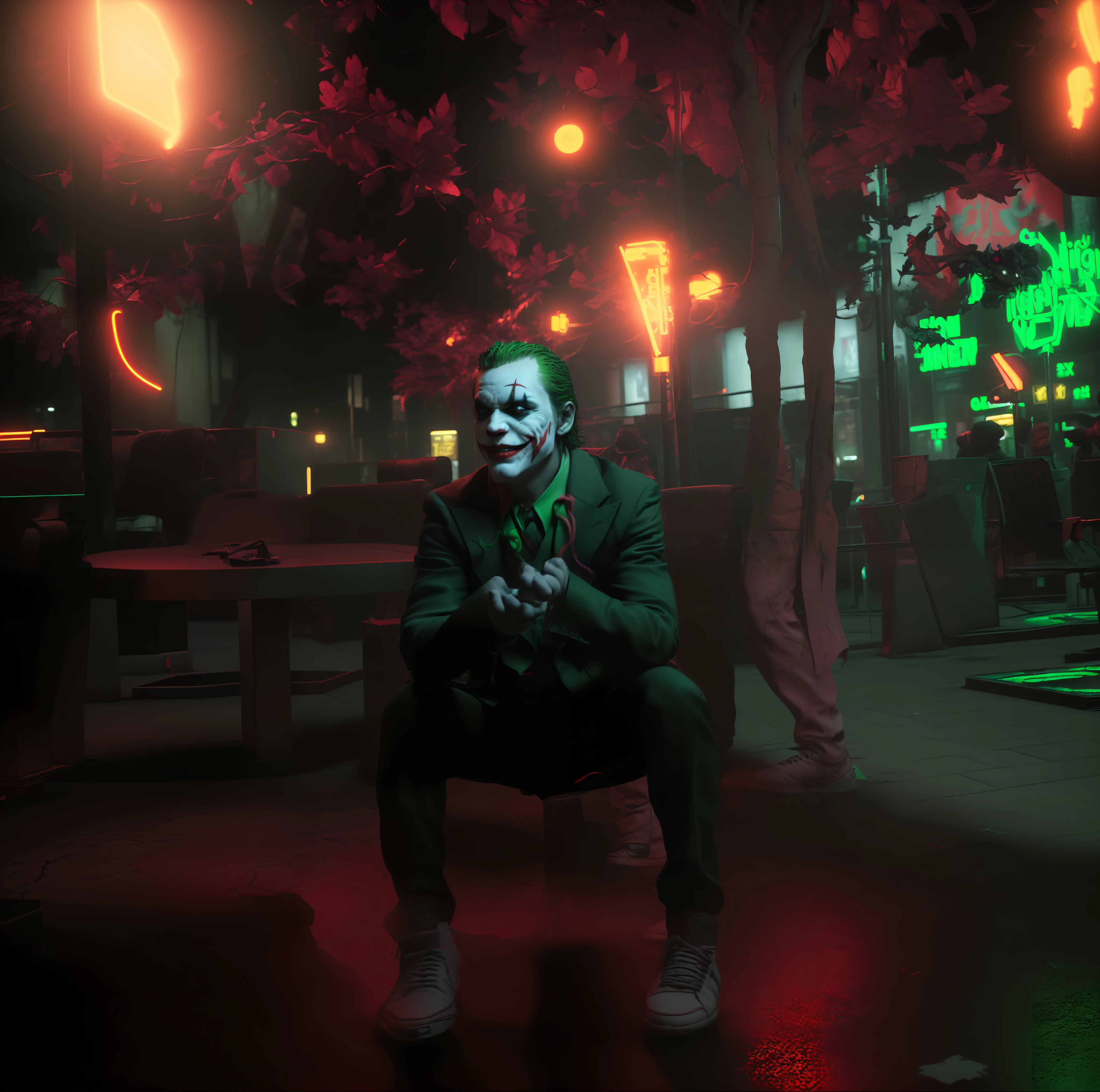 (((masterpiece)), (((highly detailed))), rtx, (photorealistic) illustration of a crazy [Joker] walking in city at night , sin city style, neon glowing, 8k, lens flares, unreal engine 5 render, scars in face, intricate, ultra detailed, detailed face,