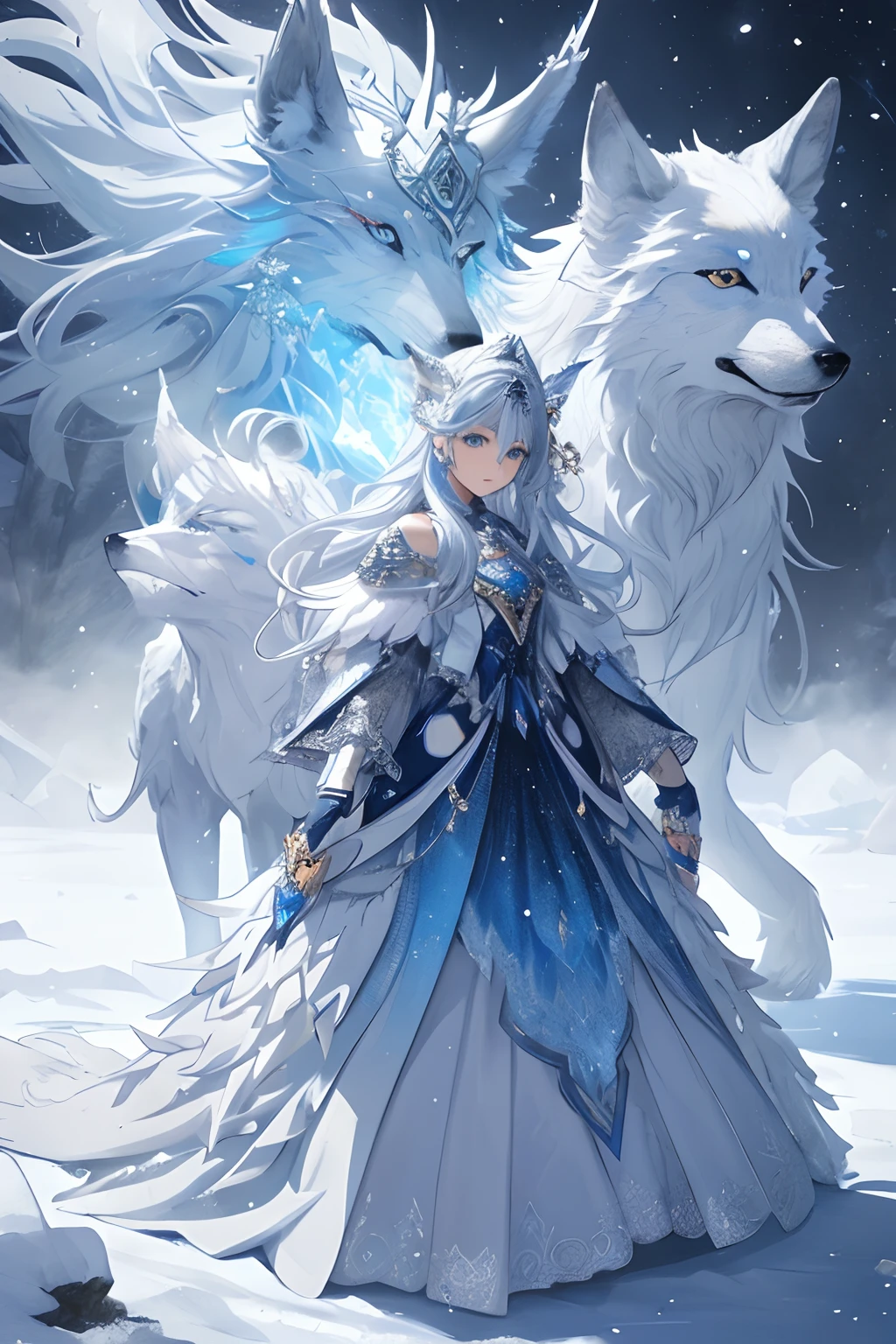 (tmasterpiece,Beauty and aesthetics:1.2),(1boys:1.3),The is very detailed,(s fractal art:1.1),(a color:1.1),(icey:1.3),highest details,(Ice Wolf:1.2),(dynamicposes),(abstract backgrounds:1.3),(shiny skins),(many color:1.4),adorned in majestic attire,Absurd behavior,fully body photo,ice mountain,(Ice and snow:1.3),(firestorm:1.3),(Pack of wolves:1.3)