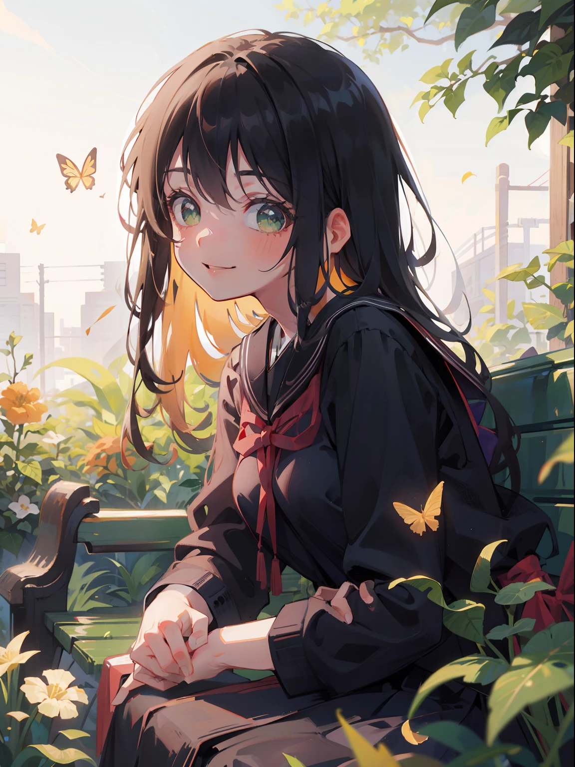 masterpiece), best quality, beautiful detailed hair detailed face, ultra high res, sharp focus, ((1 woman, solo)), perfect feminine face, upper body, medium close-up, (at the noon time:1.5), (from side), in garden, ((sitting on the bench)), leaf, butterflies, look at viewer, (japanese all black uniform:1.5), ((beautiful shape eyes, green eyes)), chesnut brown hair, messy long hair, smiles