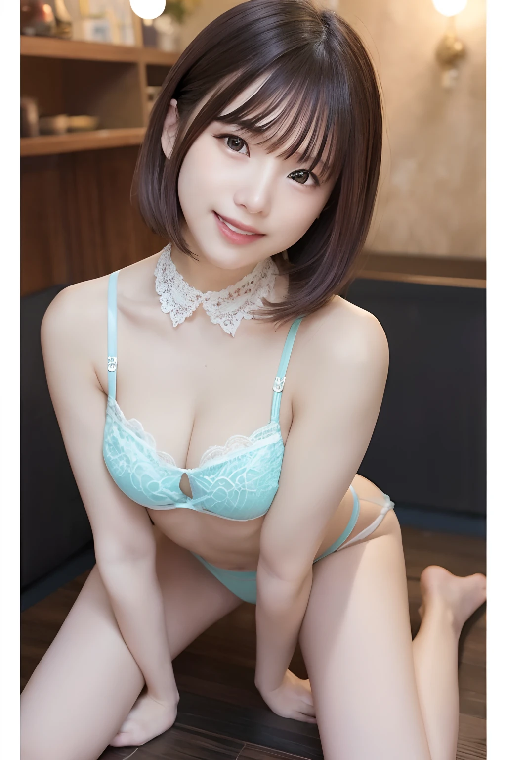 (8K、top-quality、tmasterpiece:1.2)、(hentail realism、Photorealsitic:1.37)、ultra - detailed、1 rapariga、Cute Baby Turtle、独奏、Beautiful detailed sky、Detailed Cafe、natta、Sit on a、date、(Nasal blush)、 (A smile:1.15)、(a closed mouth)Big Mimi、Fine and beautiful eyes、(shirt with collar:1.1)、natta、Wet、Transaction service、Sateen、White lace,Large bust、full body Esbian、legs spread out、Light blue panties