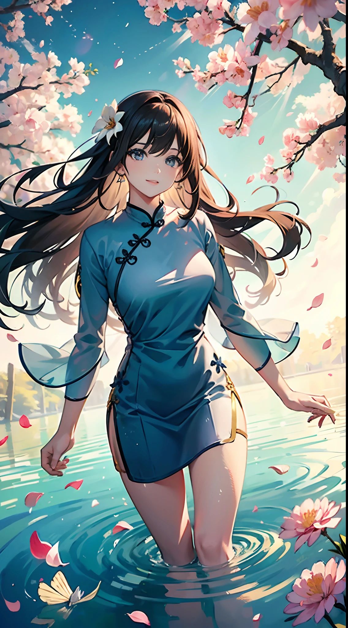 (((one-girl，on cheongsam)))，Masterpiece, Best quality, offcial art, Extremely detailed Cg Unity 8K wallpaper, Highly detailed, absurderes, 8K resolution, Exquisite facial features, prefect face, Shiny skin, Cinematic lighting, Tyndall effect, floating and rainbow long hair,Iridescence and rainbow, Beautiful detailed starry sky，Nature，girlfriend
forest，style art，((An extremely delicate and beautiful)),Floating, (Detailed wet clothes), (Detailed light),feater, Nature, (Sunlight), River, Floating palace, Beautiful and delicate water,(full bloom),(Shine)，((ink)),(aquarelle),bloom effect,detailed beautiful grassland with petals,flower,Butterfly,necklace,Smile,petals,(It is surrounded by a large number of floating petals)