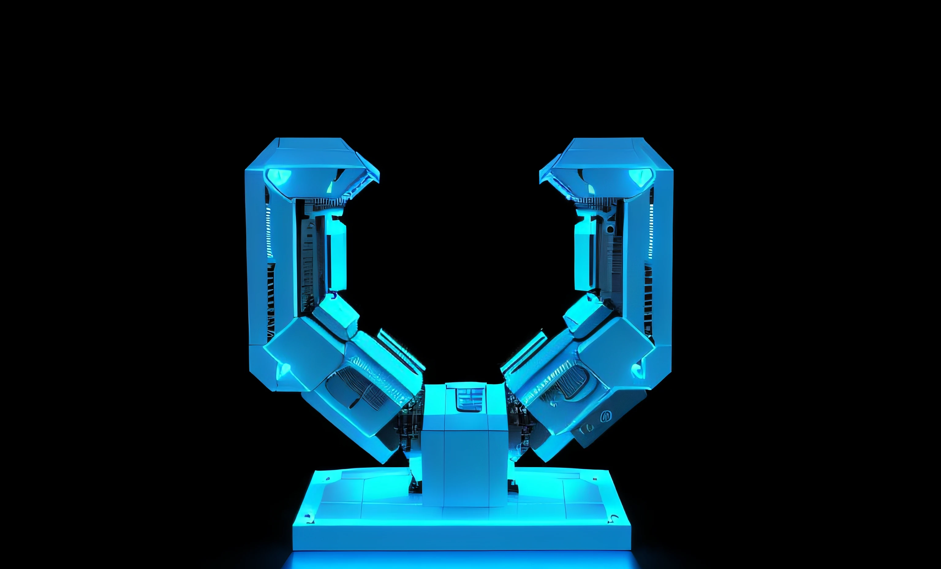 There is a blue object sitting on a table, neon, elementos de neon con color, Robotic outstretched arms, Renderizado 3D realista azul, robot arms, Realistic shaded robotic parts, robot arms, Extended robotic arms, Representado como un renderizado 3D, with robotic arms, Heart-shaped fingers of the robot, un brazo del cuerpo del robot, Realistic robotic machinery, robotic arm, simetry! futuristic robotics