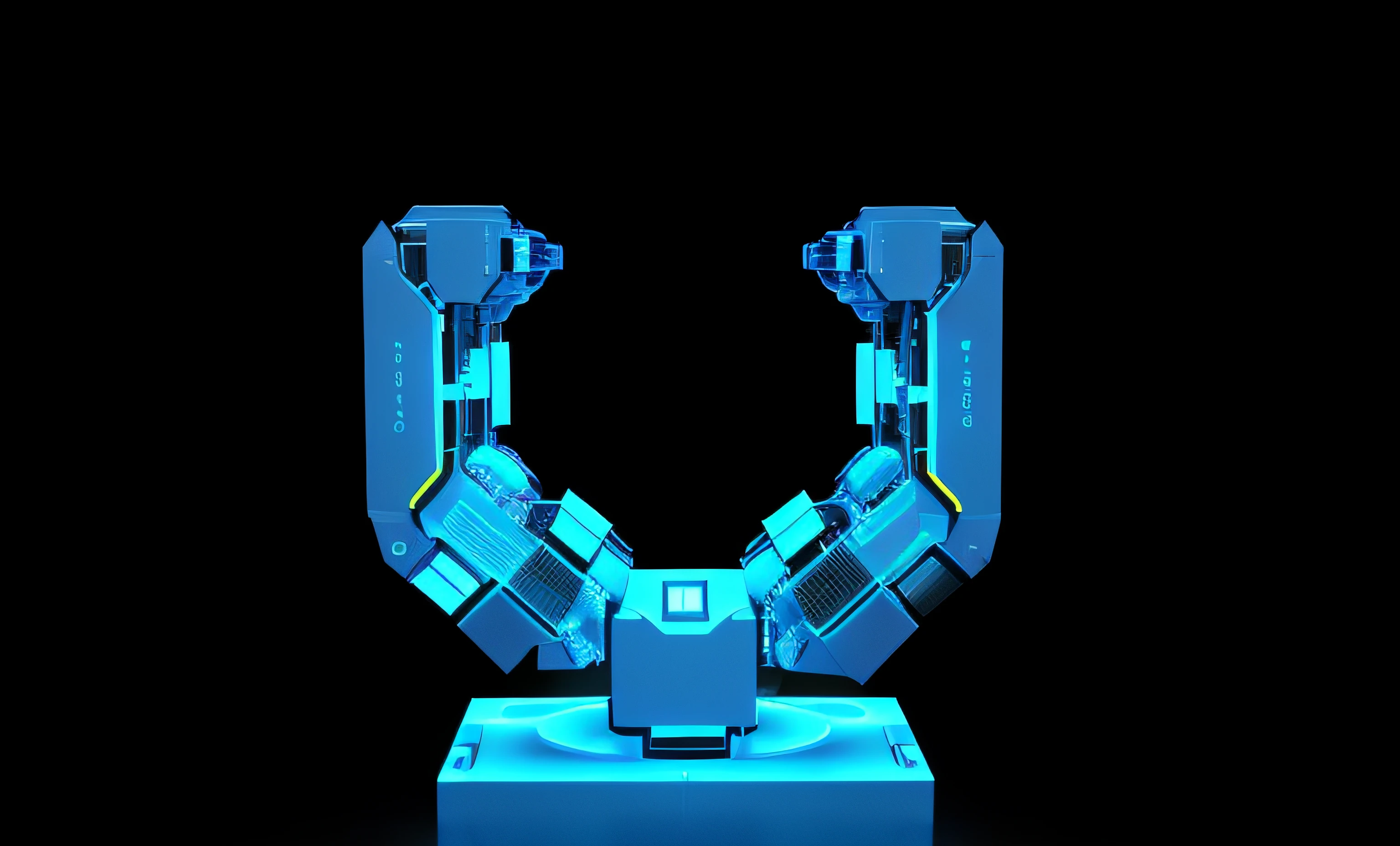 There is a blue object sitting on a table, neon, elementos de neon con color, Robotic outstretched arms, Renderizado 3D realista azul, robot arms, Realistic shaded robotic parts, robot arms, Extended robotic arms, Representado como un renderizado 3D, with robotic arms, Heart-shaped fingers of the robot, un brazo del cuerpo del robot, Realistic robotic machinery, robotic arm, simetry! futuristic robotics