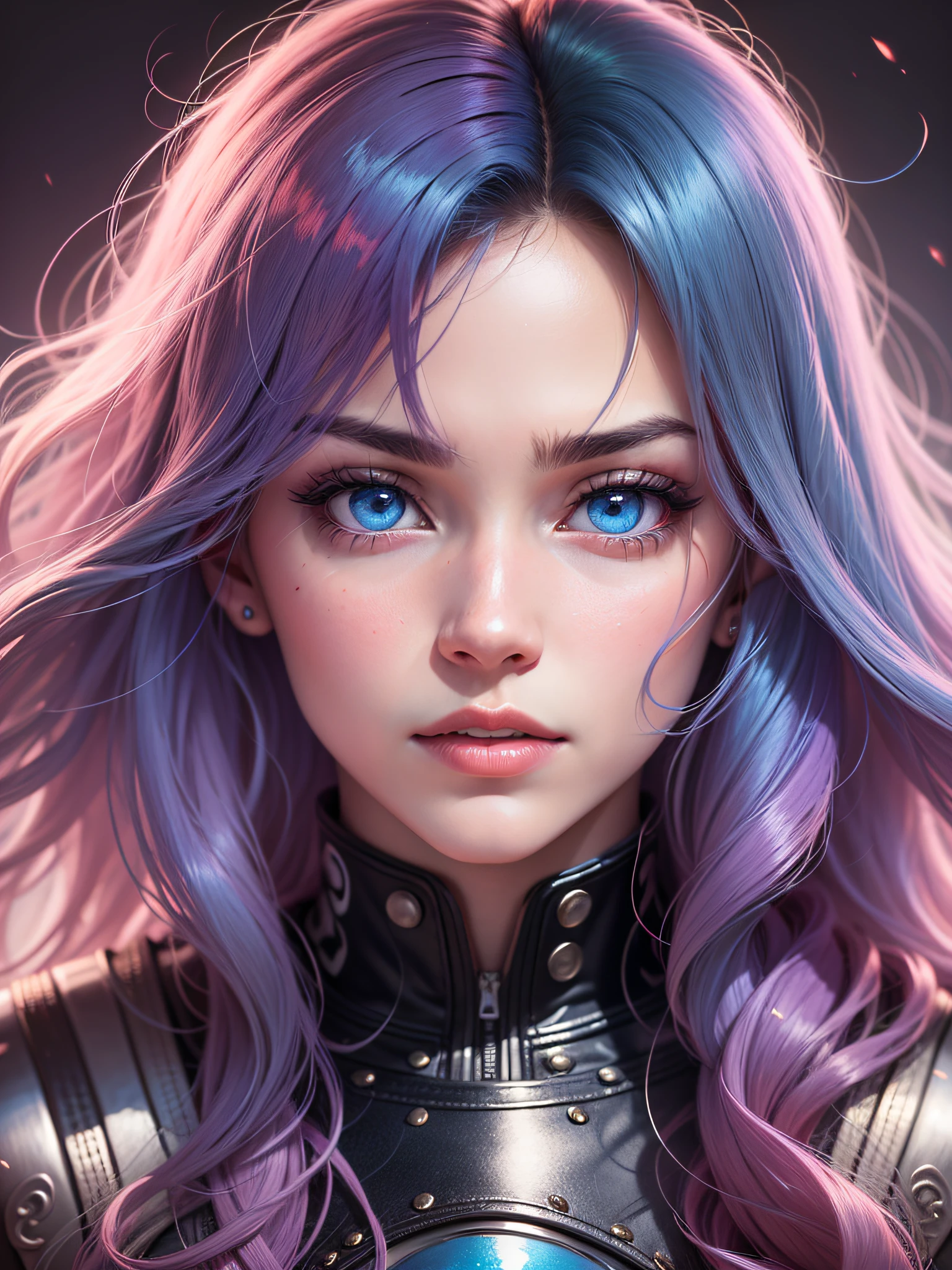 'Close up portait beautiful girl, prated hair, blue eyes, in modern fighting costume, hyper realistic, pastel colors, complementary colors, soft colors, vibrant colors, dramatic colors, vaporwave, retrowave, black and white, colorfull, artochrome, highly detailed, 4K'