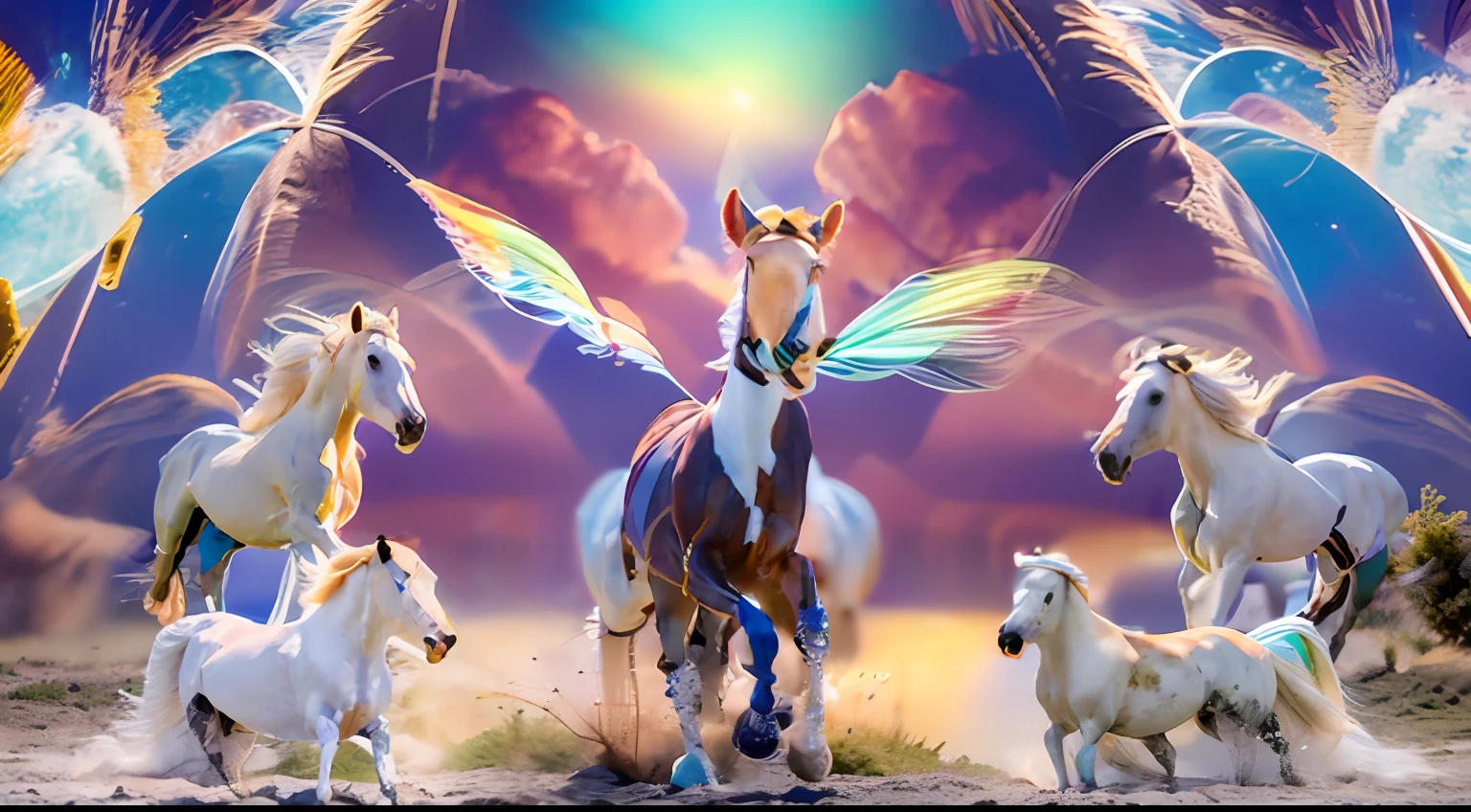 8 horses,Ultra-grand scenes,super wide shot,1#cavalos,2#cavalos,3#cavalos,4#cavalos,5#cavalos,6#cavalos,7#cavalos,8#cavalos。Eight extremely special and rare horses surround each other,A large herd of horses galloped ahead,Gallop across the steppe like a clock。The vast plains of the epic scene are rich in aquatic plants,In the distance is the snow-capped summit of Mount Everest,Snow creek flows into the sea,At the other end is the magnificent giant city,The horse team entered and exited from the city gate。The Lightcast Pegasus from the Supreme Heaven has a rainbow aperture from the Supreme Heaven,She rides between light and pure,No additional ornaments are needed to highlight her dignity and holiness,Even the sky showed her a clear sky,She has a deep enmity with the nightmare heavy ride from hell,The two never put their heads next to each other,Surrounded by sulphurous flames, the Hellmare Heavy Ride makes every time a horse's hooves fall, stepping flat grass out of the lava from the ground,The sky in the steppe is brighter,It makes the earth deeper。The wind wings of the wind elf horse let its position be erratic,She carries a cyan aperture lightly and always can't help but tease the mechanical horse,The mechanical horse is full of mecha beauty,The shoulder back position always reveals delicate mechanical fittings,Four kicks with a hydraulic pump and electromagnetic ejection device。Unicorns want to steal all horses from their pure and flawless beauty,But on the side, the fairy dragon horse is comparing with it,Their unique elven-patterned armor and colorful saddles make them the most stylish horses。The female knight is charging on her knightly warhorse,Her lofty ideals made her will unstoppable,There is no doubt that she is the protagonist of this picture。And a chaotic horse from uncharted territory,It blends in and has a weird style and chaotic colors that are almost unimaginable,This gives the whole picture an extremely dangerous uncertainty,The slightest mistake c