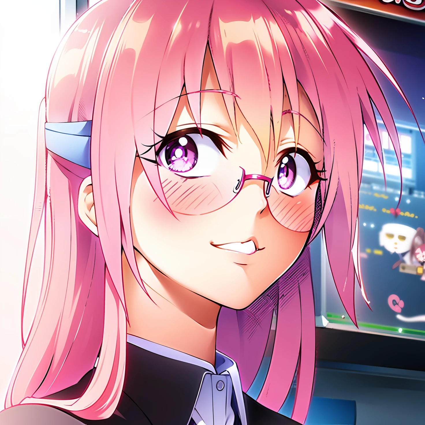 anime girl with pink hair and blue eyes in front of a bulletin, anime visual of a cute girl, haruno sakura, still from tv anime, anime girl named lucy, sankakucomplex anime image, nyaruko-san, today's featured anime still, megumu okada, anime moe artstyle, beautiful anime high school girl, ((glasses)), ((masterpiece))