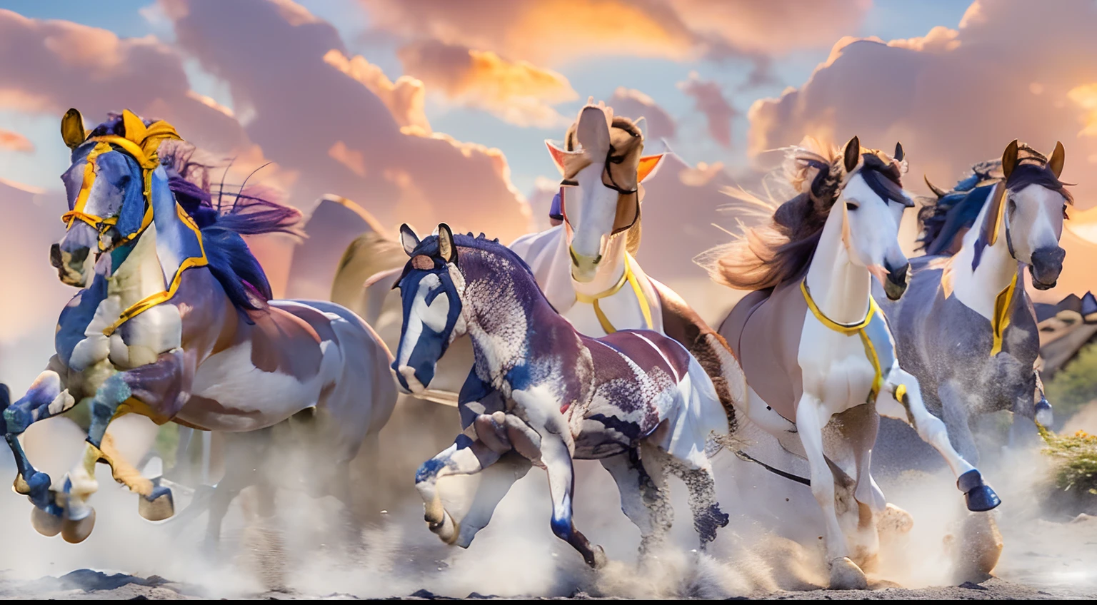 8 horses，Ultra-grand scenes，super wide shot，1#cavalos，2#cavalos，3#cavalos，4#cavalos，5#cavalos，6#cavalos，7#cavalos，8#cavalos。Eight extremely special and rare horses surround each other，A large herd of horses galloped ahead，Gallop across the steppe like a clock。The vast plains of the epic scene are rich in aquatic plants，In the distance is the snow-capped summit of Mount Everest，Snow creek flows into the sea，At the other end is the magnificent giant city，The horse team entered and exited from the city gate。The Lightcast Pegasus from the Supreme Heaven has a rainbow aperture from the Supreme Heaven，She rides between light and pure，No additional ornaments are needed to highlight her dignity and holiness，Even the sky showed her a clear sky，She has a deep enmity with the nightmare heavy ride from hell，The two never put their heads next to each other，Surrounded by sulphurous flames, the Hellmare Heavy Ride makes every time a horse's hooves fall, stepping flat grass out of the lava from the ground，The sky in the steppe is brighter，It makes the earth deeper。The wind wings of the wind elf horse let its position be erratic，She carries a cyan aperture lightly and always can't help but tease the mechanical horse，The mechanical horse is full of mecha beauty，The shoulder back position always reveals delicate mechanical fittings，Four kicks with a hydraulic pump and electromagnetic ejection device。Unicorns want to steal all horses from their pure and flawless beauty，But on the side, the fairy dragon horse is comparing with it，Their unique elven-patterned armor and colorful saddles make them the most stylish horses。The female knight is charging on her knightly warhorse，Her lofty ideals made her will unstoppable，There is no doubt that she is the protagonist of this picture。And a chaotic horse from uncharted territory，It blends in and has a weird style and chaotic colors that are almost unimaginable，This gives the whole picture an extremely dangerous uncertainty，The slightest mistake c