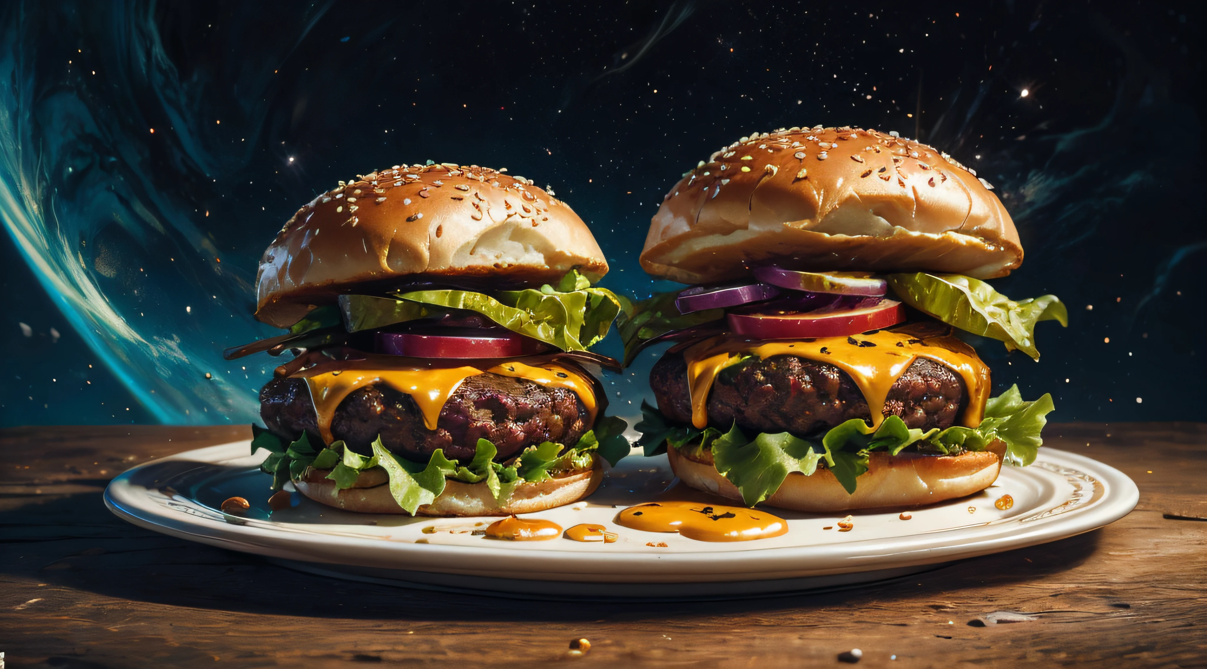 a hamburger made of galaxy and nebula, sitting in a plate made of cosmos, rule of thirds, best details, intricated, rich mood, imaginative photo,