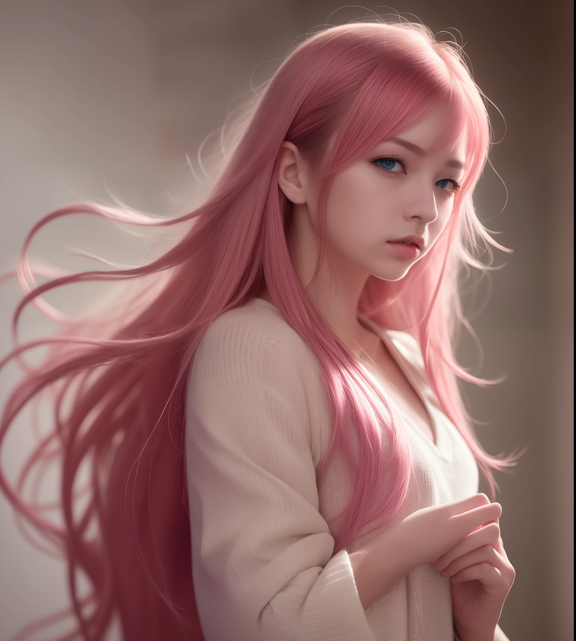(8K, RAW photo, Best quality, Masterpiece:1.2), (Realistic, photo-realistic:1.37), Best quality, 超高分辨率, photon maping, Radio City, Physically-based rendering,bblurry, Blurry_foreground, Depth_af_Field, Blurry_Background, Photo_\(mediating\), Exercise_bblurry, (Pink_Hair), 1girll, Long_Hair, Hair_decorations, Lips, hair pin, Solo, Blue_Eyes, nase