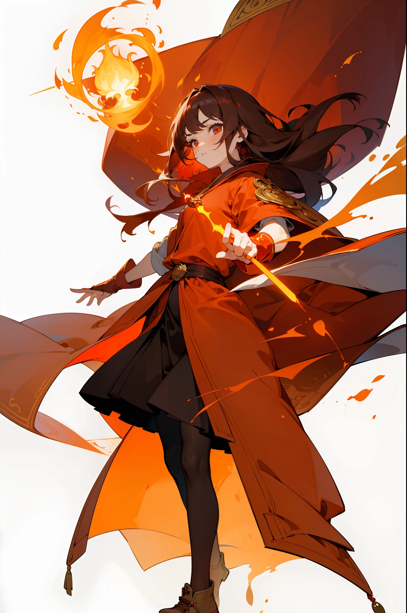 (masterpiece:1.2),(best quality:1.2),(1girl:1.2),(solo),(simple background:1.4),(white background:1.4),(full body:1.2),standing,look at viewer,fire mage,red robe,detailed fiery eyes,flame in hand,ornate staff,flowing hair,enchanted amulet,golden trimmings,expression of determination,magical glow,arcane symbols,fingerless gloves,pose casting spell,embers floating,fire-themed accessories,leather boots,wrapped leggings,flaring cloak,open spellbook