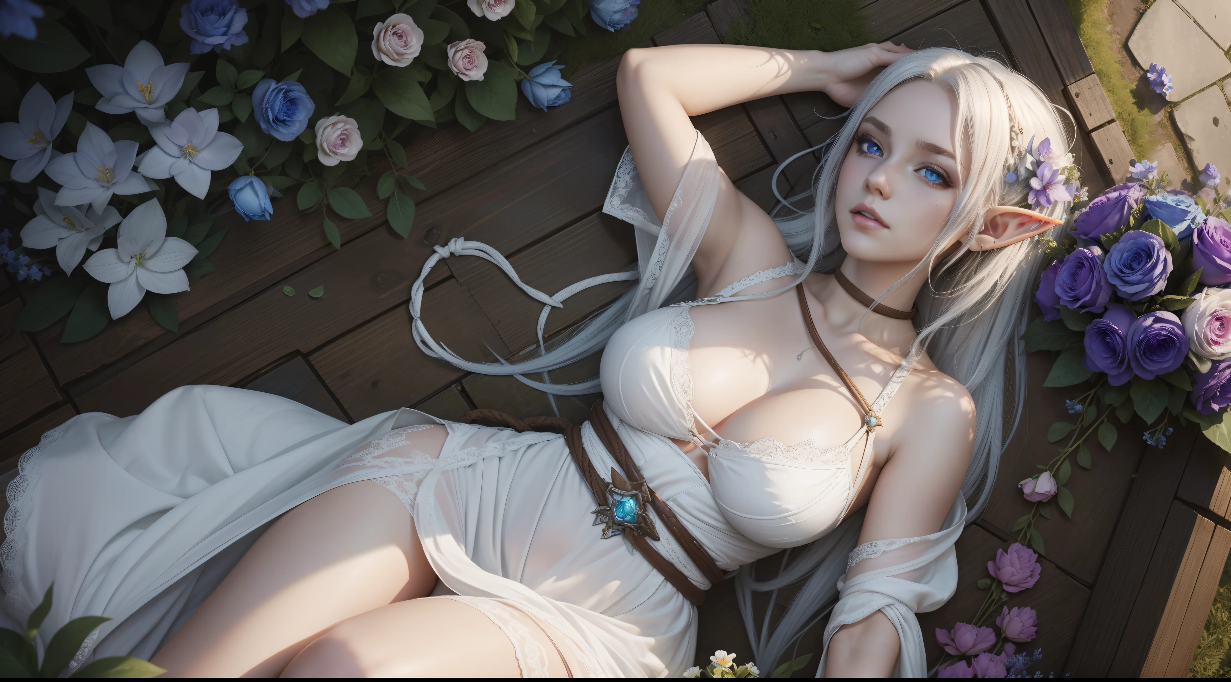 A beautiful elf girl wearing a tattered wedding dress ,White hair, Bare large breasts,Colorful mage robes,Rope bondage, Blue pupils,Blue eyes,Naked, garden with colorful flowers, Unity 8k wallpaper, Ultra detailed, Beautiful and aesthetic, Masterpiece, Best quality, ecstasy of flower, 1girll, Extremely detailed, Dynamic Angle, cow boy shot, elegant, Fauvistdesign, vivd colour, romanticism lain, world of warcraft,