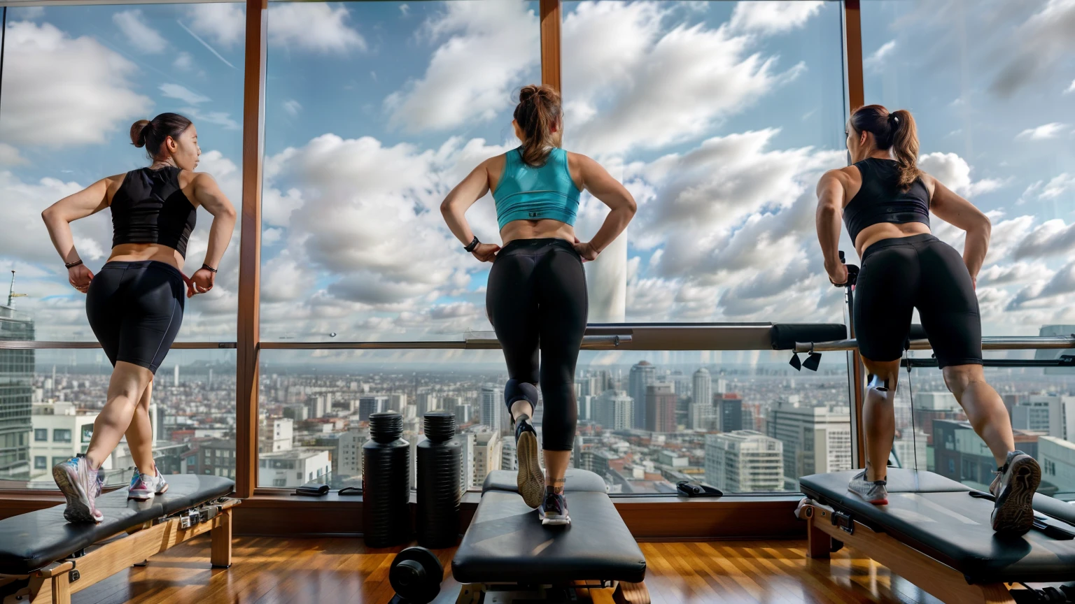 Three Chinese women standing on a Pilates core bed in front of the window, workout, long shot from back, long shot from back, Watching from behind, in  the gym, Stand on the Pilates core bed, Watching from behind, distant full body view, taken from behind,  Watching from behind