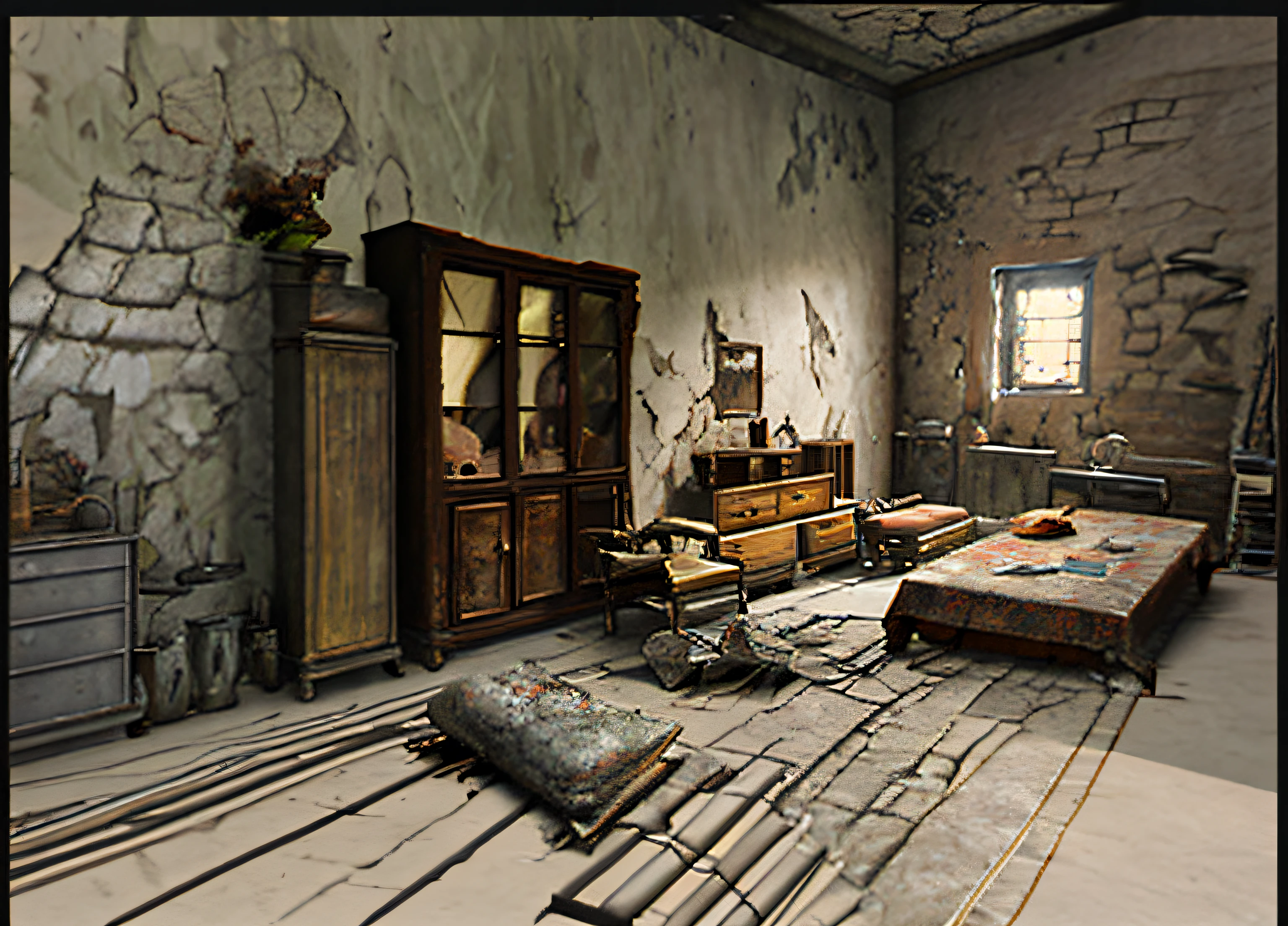 decrepit,Rooms with stone walls are furnished, old kitchen backdrop, 2d game environment design, interior background art, arte de fundo, old furnitures, old kitchen backdrop angled view, old furnitures, 3 d stylize scene, Stylized concept art, personal room background, concept-art!, game environment design, Stylized hand drawn textures