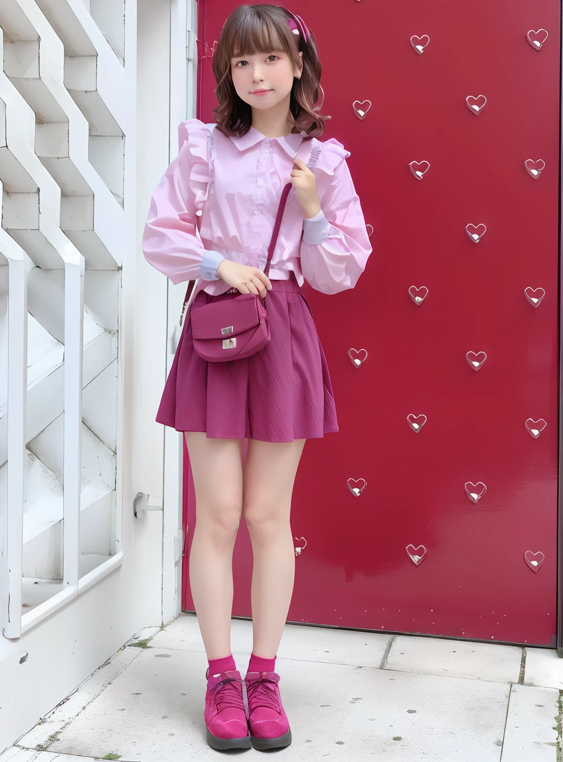 Woman standing in front of wall with purse, Material is pink, cute-style, katelynn mini cute style, simple style, frilld, full_Body!!, Styling, , advertisement picture, Pink accents, the detailed images, Cute, Seifuku