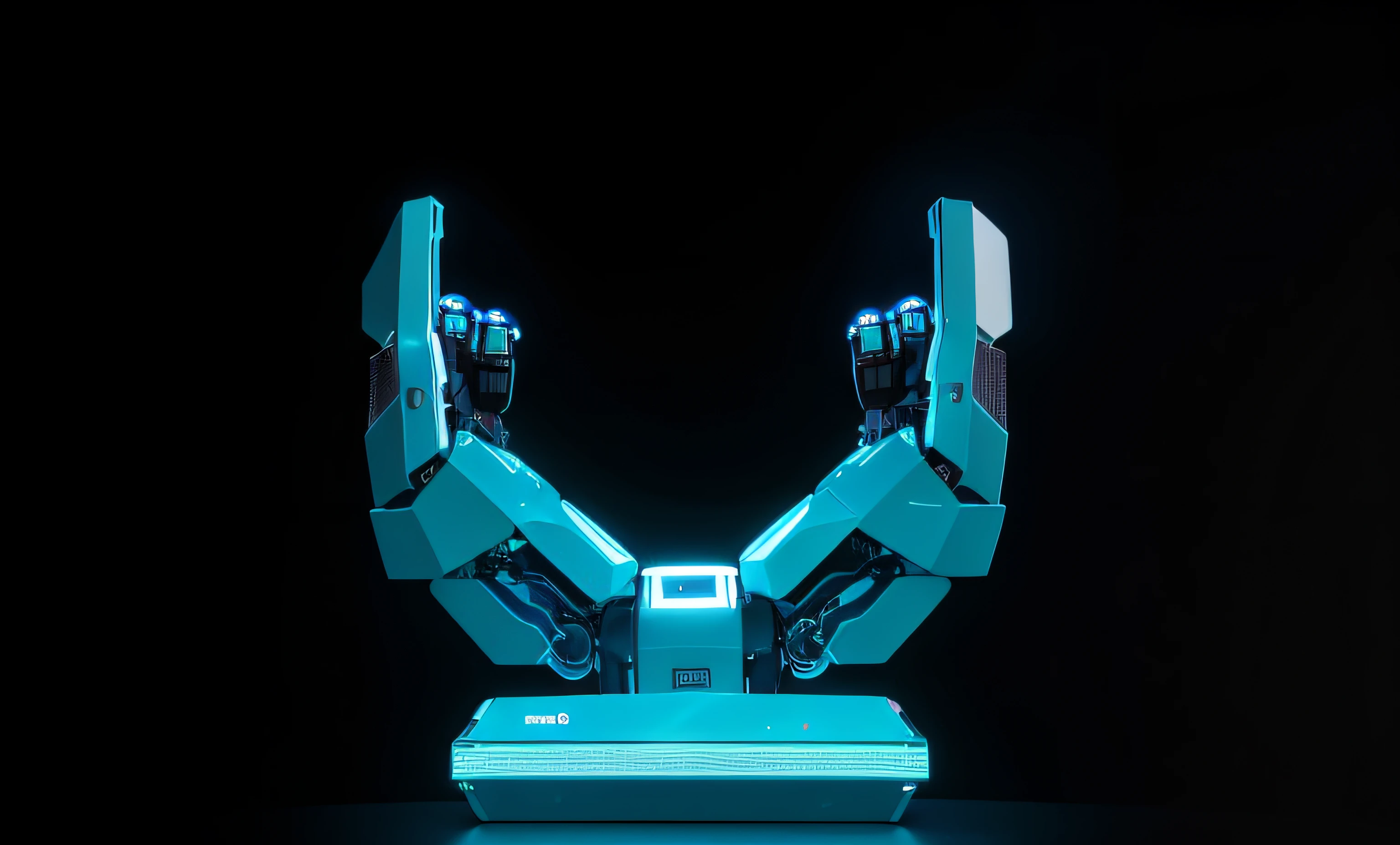 There is a blue object sitting on a table, neon, elementos de neon con color, Robotic outstretched arms, Renderizado 3D realista azul, robot arms, Realistic shaded robotic parts, robot arms, Extended robotic arms, Representado como un renderizado 3D, with robotic arms, Heart-shaped fingers of the robot, un brazo del cuerpo del robot, Realistic robotic machinery, robotic arm, simetry! futuristic robotics