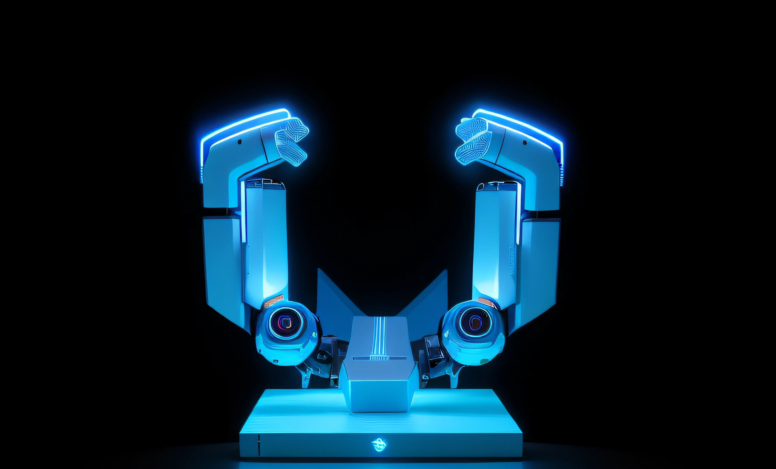 There is a blue object sitting on a table, neon, elementos de neon con color, Robotic outstretched arms, Renderizado 3D realista azul, robot arms, Realistic shaded robotic parts, robot arms, Extended robotic arms, Representado como un renderizado 3D, with robotic arms, Heart-shaped fingers of the robot, un brazo del cuerpo del robot, Realistic robotic machinery, robotic arm, simetry! futuristic robotics
