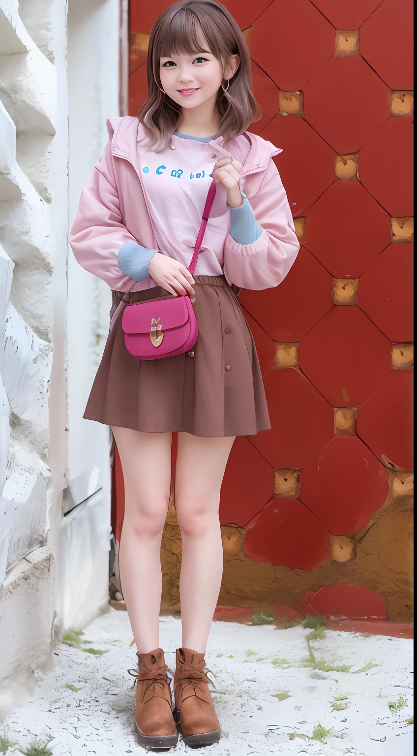 Woman standing in front of wall with purse, Material is pink, cute-style, katelynn mini cute style, simple style, frilld, full_Body!!, Styling, , advertisement picture, pink accents, the detailed images, Cute, Seifuku