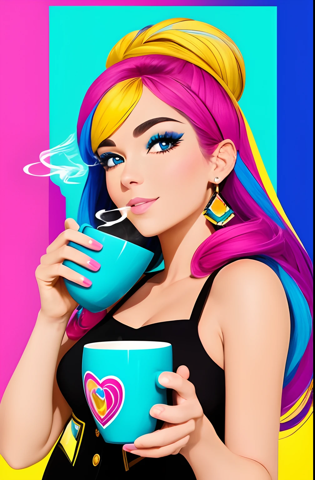(A BEAUTIFUL HAPPY GERMAN WOMAN WITH A NICE CUP OF COFFEE COMING OUT SMOKE IN HER HAND, Beautiful cup ,Coloridas ,pink and blue and yellow WRITTEN WE COOFFE IN THE CUP ), Eduardo Kobra ,Romero Brito,The Filling Twins ,multidimensional geometric wall PORTRAIT, arte, Chibi,
Yang08k, lindo, Colouring,
Primary works, qualidade superior, melhor qualidade, Arte Oficial, Beautiful and Aesthetic, 128 mil