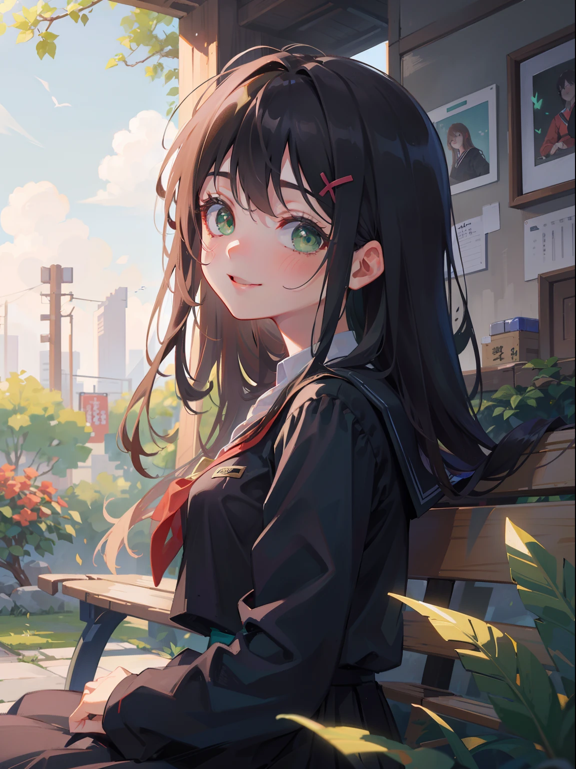 masterpiece), best quality, beautiful detailed hair detailed face, ultra high res, sharp focus, ((1 woman, solo)), perfect feminine face, upper body, medium close-up, (at the noon time:1.5), (from side), in garden, ((sitting on the bench)), leaf, butterflies, look at viewer, (japanese all black uniform:1.5), ((beautiful shape eyes, green eyes)), chesnut brown hair, messy long hair, smiles