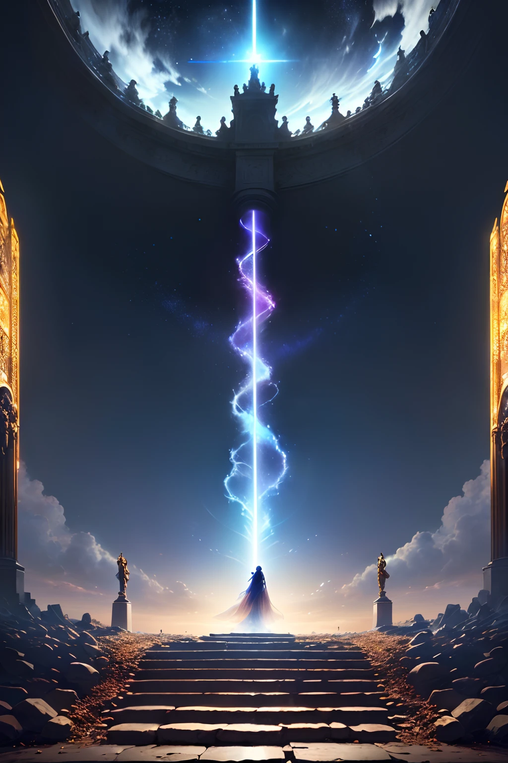 8k, ((melhor qualidade)), ((obra-prima)), (detalhado) Imagem de um homem subindo um lance de escadas com uma espada, stairway to heaven, stairs from hell to heaven, Heaven and Hell, dramatic entry, heaven!!!!!!!!, heavens gate, entrance to ethereal realm, she is approaching heaven, para compreender o inferno ou ir angelical, gates of heaven, Directed by: Joseph-Marie Vien, celestial