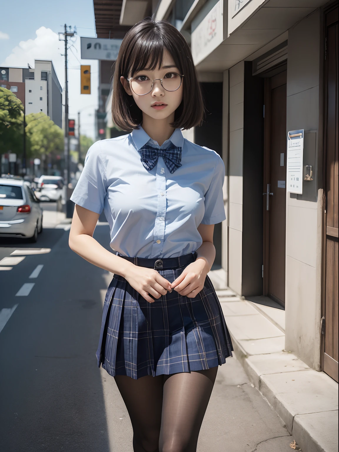 (8K、Raw photography、top-quality、masterpiece:1.2),(bob cuts),cocky,School,watching at viewers,Looking at the front,Muchimuchi,Erotic,Pupils,(Light Blue Bra,Bras showing through shirts),de pele branca,kne,(Black pantyhose),absurderes,a small face,small tits,flat breast,Parting the bangs from the middle、Forehead visible,(a cold expression,Tight eyes,glares,Bullish,skinny,Rasping,irate)、masterpiece,top-quality、超A high resolution,Raw photo,ren,Beautiful fece,One Person, 独奏,eye glass,,Dark look,Small breasts,fullllbody,Round glasses、cute little,JK school uniform,hi-school girl,A Japanese Lady,is standing,(Photorealsitic:1.37)、Photon mapping,Realistic、Beautie,Cute little face,Brown-eyed、Black socks、(Red bow tie)、Radio City、Physically Based Rendering、depth of fields、Blurry background、a picture,Body,teens girl,beauty legs, Long legs, Thin leg,(Bangs are visible), hair, s lips, Blue_The eye, nosesoft,(Light blue shirt), (Navy and blue and white plaid pleated skirt), Knees are visible,Sheer clothing,, Thigh, Black cotton socks,Nogizaka Idol, 女優, Japanese ido
