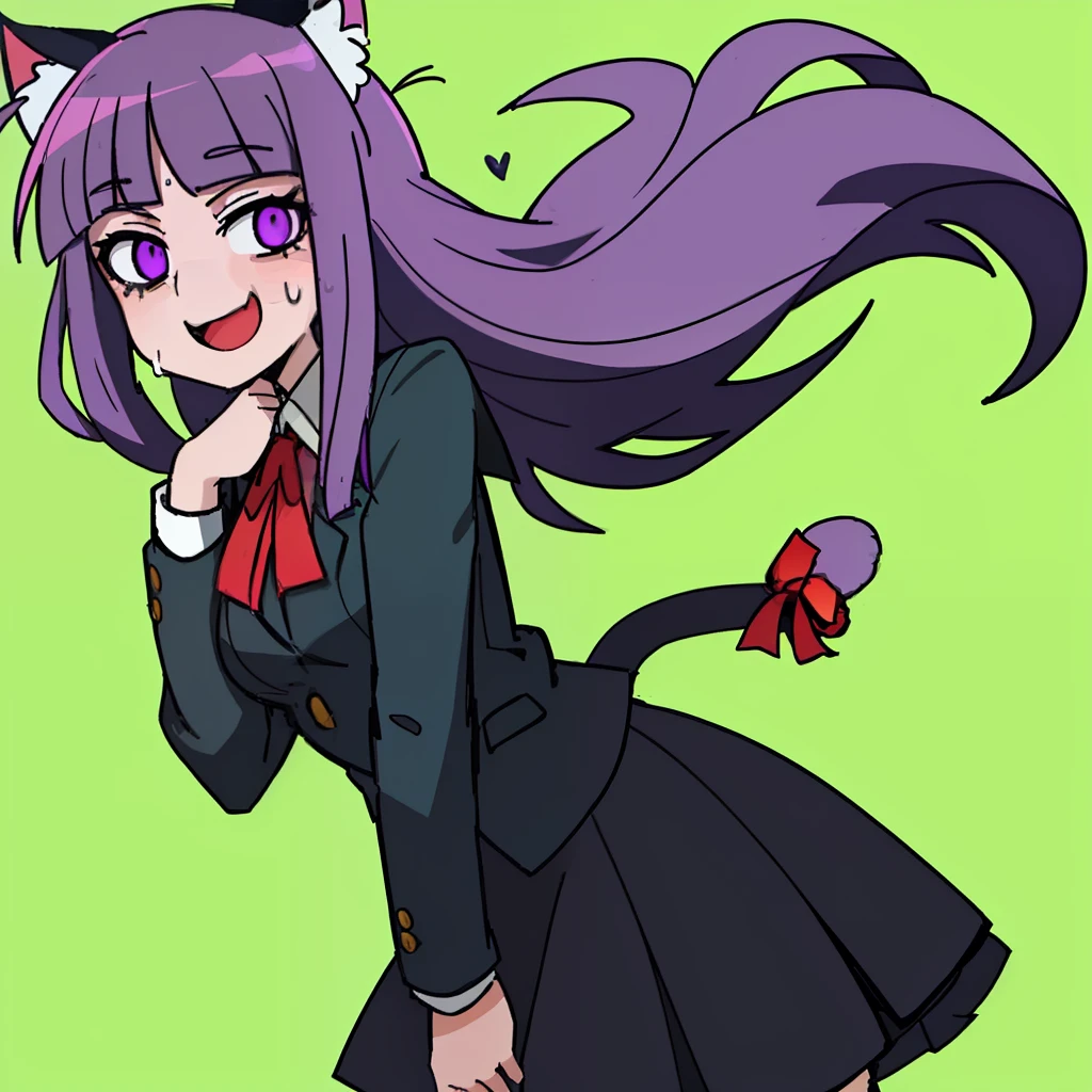 2d, masterpiece, best quality, highly detailed eyes, highly detailed face, cowboy shot, feet out of frame, 1girl, solo, standing,(unit color background:1.5), (green background:1.5), (helltaker:1.2), (cat girl:1.5), (purple hair:1.3), (blue school girl uniform with sweat):1.5), school uniform, looking at viewer, pink hair, smile, open mouth, hand on own face, straight-on