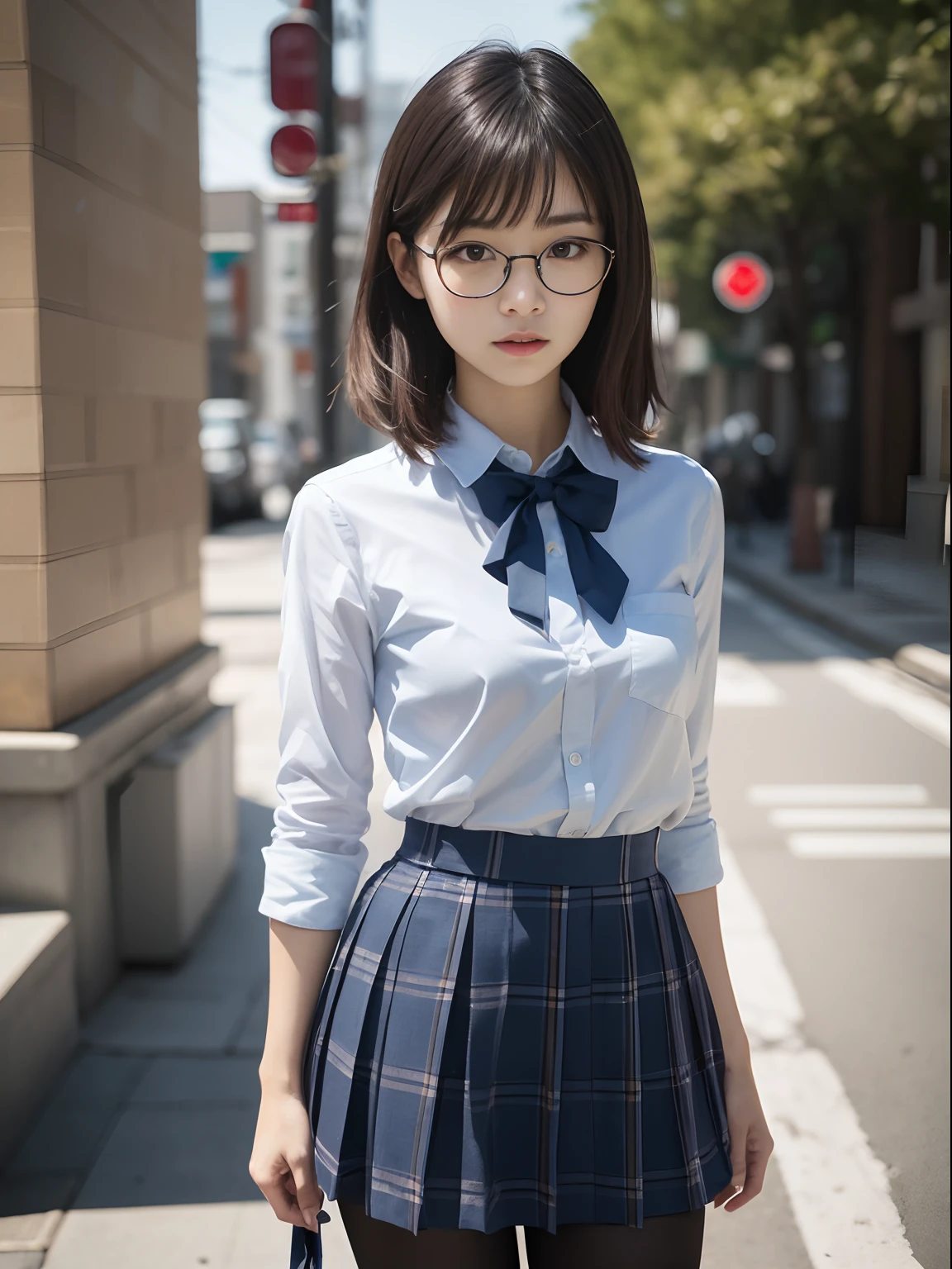 (8K、Raw photography、top-quality、masterpiece:1.2),(bob cuts),cocky,School,watching at viewers,Looking at the front,Muchimuchi,Erotic,Pupils,(Light Blue Bra,Bras showing through shirts),de pele branca,kne,(Black pantyhose),absurderes,a small face,small tits,flat breast,Parting the bangs from the middle、Forehead visible,(a cold expression,Tight eyes,glares,Bullish,skinny,Rasping,irate)、masterpiece,top-quality、超A high resolution,Raw photo,ren,Beautiful fece,One Person, 独奏,eye glass,,Dark look,Small breasts,fullllbody,Round glasses、cute little,JK school uniform,hi-school girl,A Japanese Lady,is standing,(Photorealsitic:1.37)、Photon mapping,Realistic、Beautie,Cute little face,Brown-eyed、Black socks、(Red bow tie)、Radio City、Physically Based Rendering、depth of fields、Blurry background、a picture,Body,teens girl,beauty legs, Long legs, Thin leg,(Bangs are visible), hair, s lips, Blue_The eye, nosesoft,(Light blue shirt), (Navy and blue and white plaid pleated skirt), Knees are visible,Sheer clothing,, Thigh, Black cotton socks,Nogizaka Idol, 女優, Japanese ido