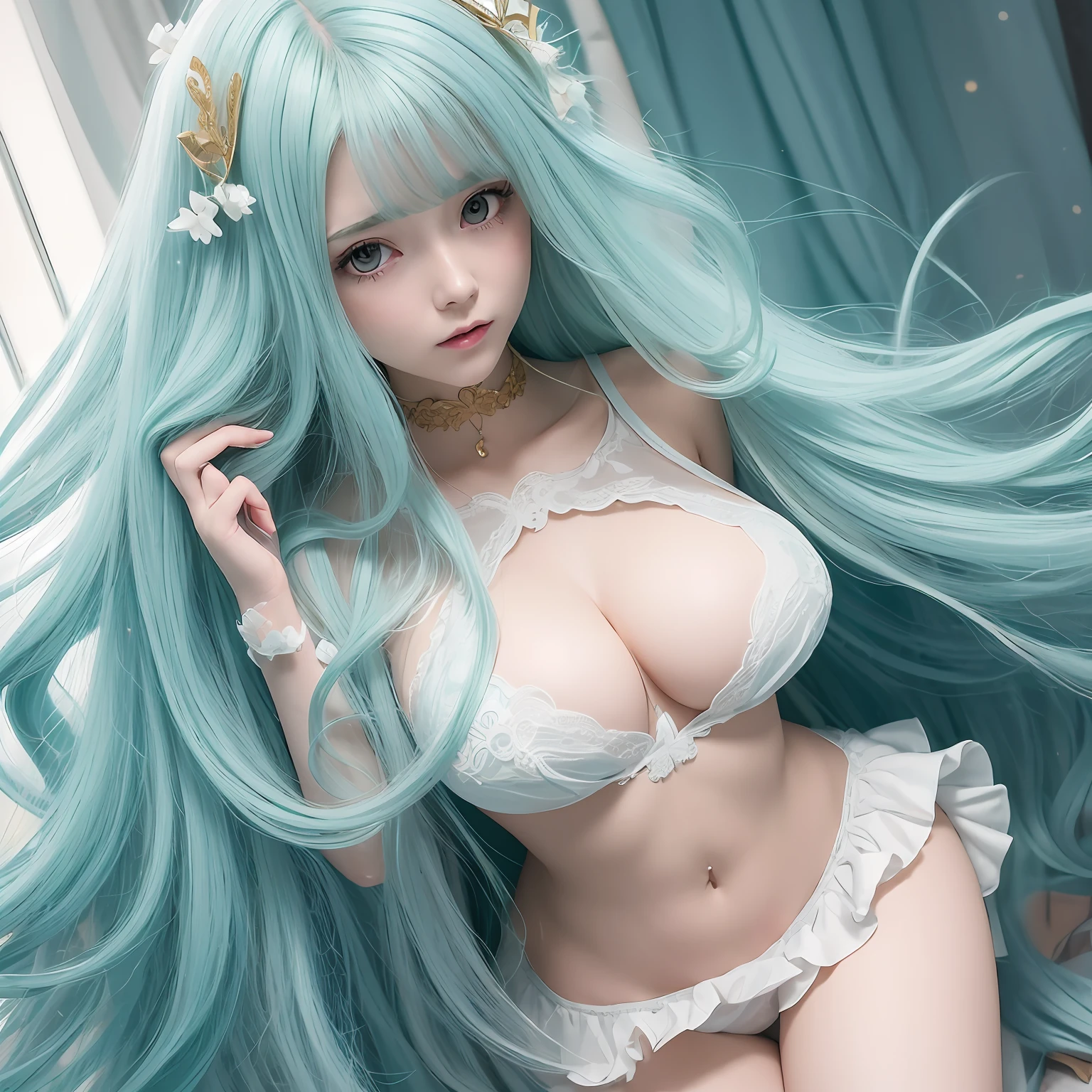 High image, Super Detail, High resolution, Anime, Manga, Illustration,  Doll Dresses, SPEEDLINE, Beautiful woman, Adult face, make up, Ecstatic expression, Amorous expression, Seductive look, Flowing layered messy wavy white medium hair, Big sparkling gold eyes, great proportion, perfectly proportions, slender, Full body, Beautiful light blue and emerald green background, Fantasy