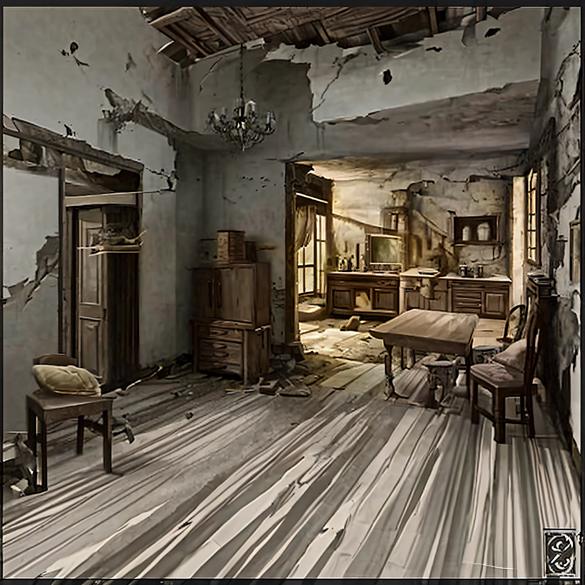 decrepit，Rooms with stone walls are furnished, old kitchen backdrop, 2d game environment design, interior background art, arte de fundo, old furnitures, old kitchen backdrop angled view, old furnitures, 3 d stylize scene, Stylized concept art, personal room background, concept-art!, game environment design, Stylized hand drawn textures