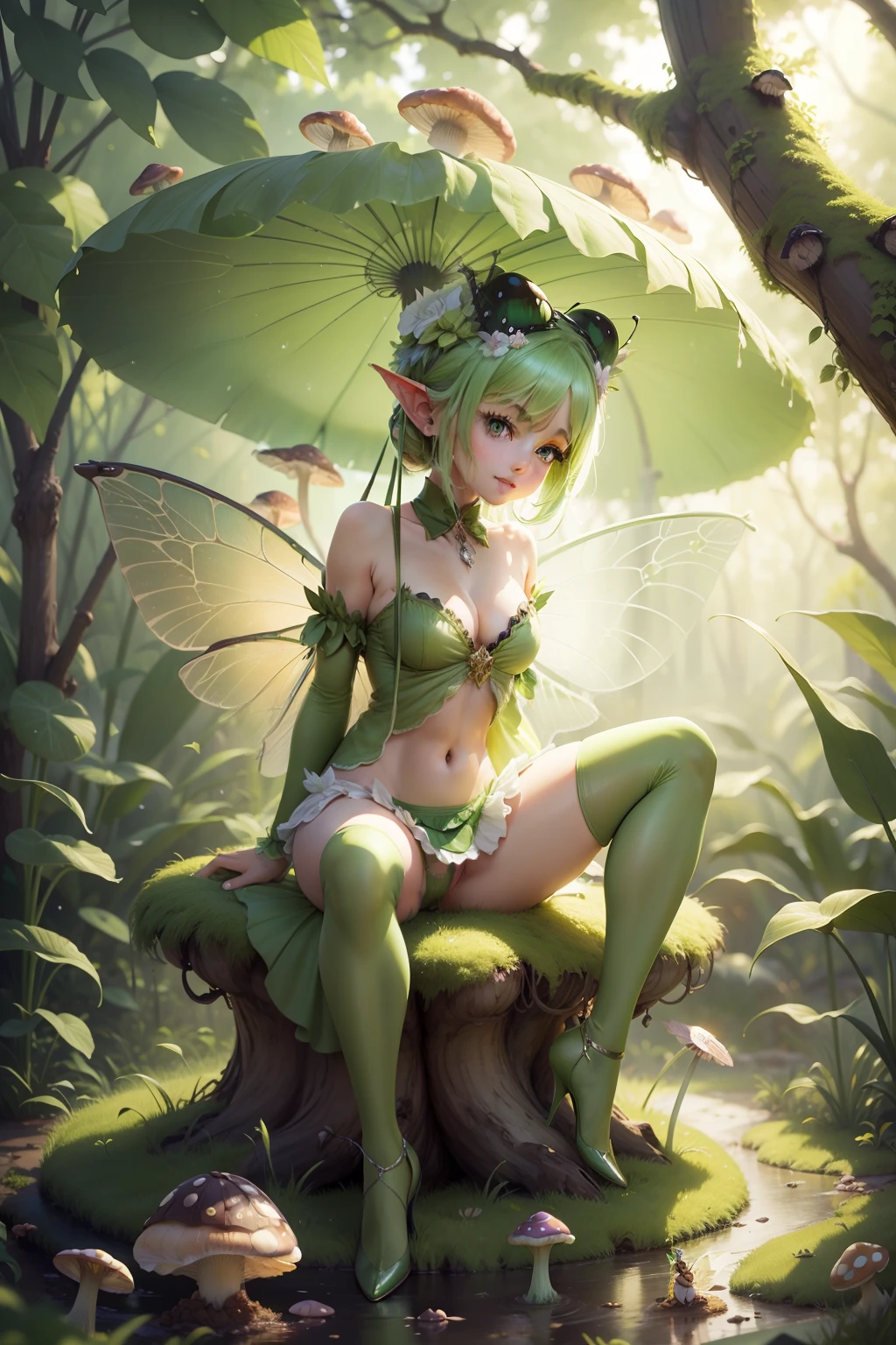 sweet sexy fairy that looks like a grasshopper sitting on a dewy mushroom with a rye smile short skirt and green panties