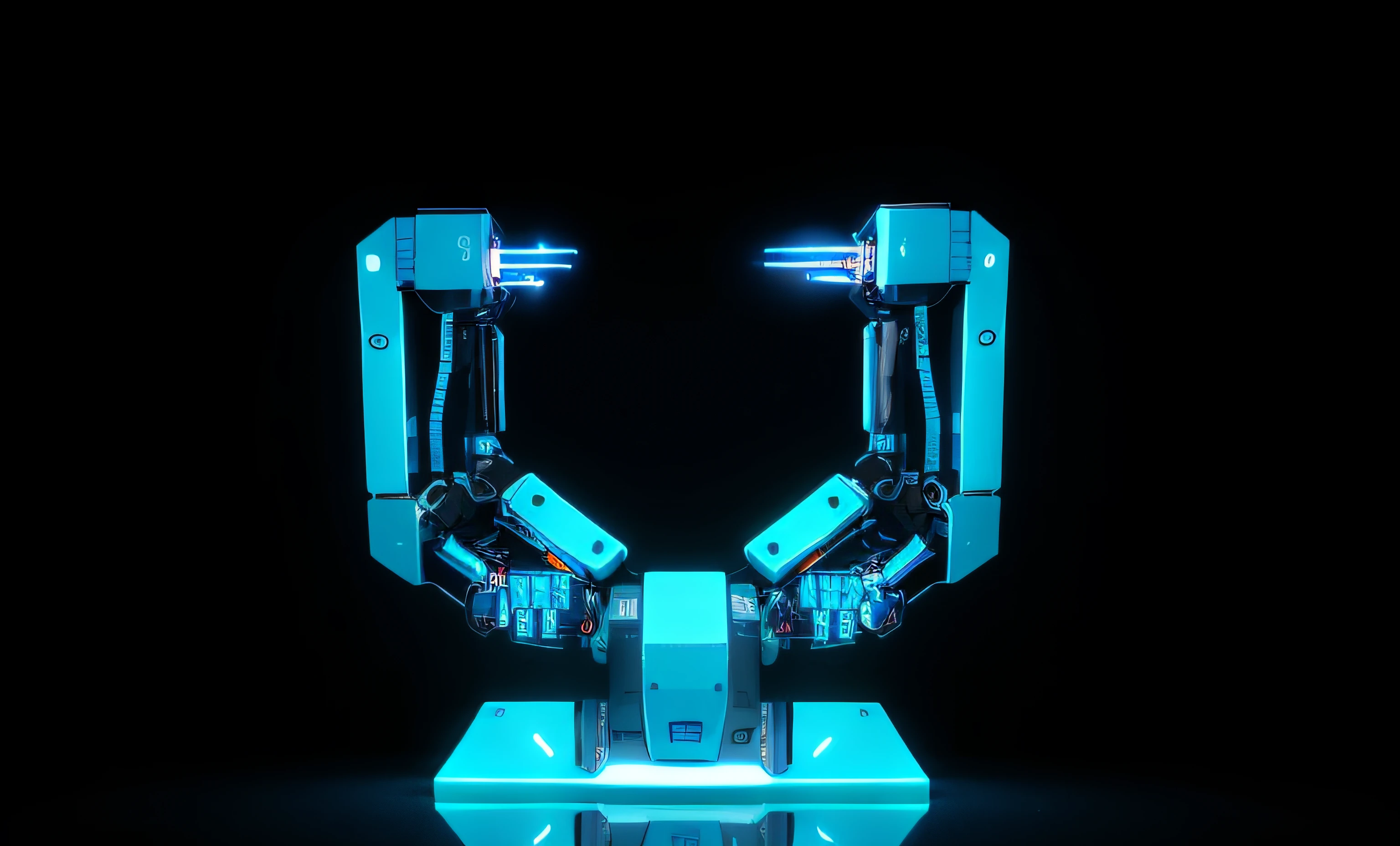 There is a blue object sitting on a table, neon, elementos de neon con color, Robotic outstretched arms, Renderizado 3D realista azul, robot arms, Realistic shaded robotic parts, robot arms, Extended robotic arms, Representado como un renderizado 3D, with robotic arms, Heart-shaped fingers of the robot, un brazo del cuerpo del robot, Realistic robotic machinery, robotic arm, simetry! futuristic robotics