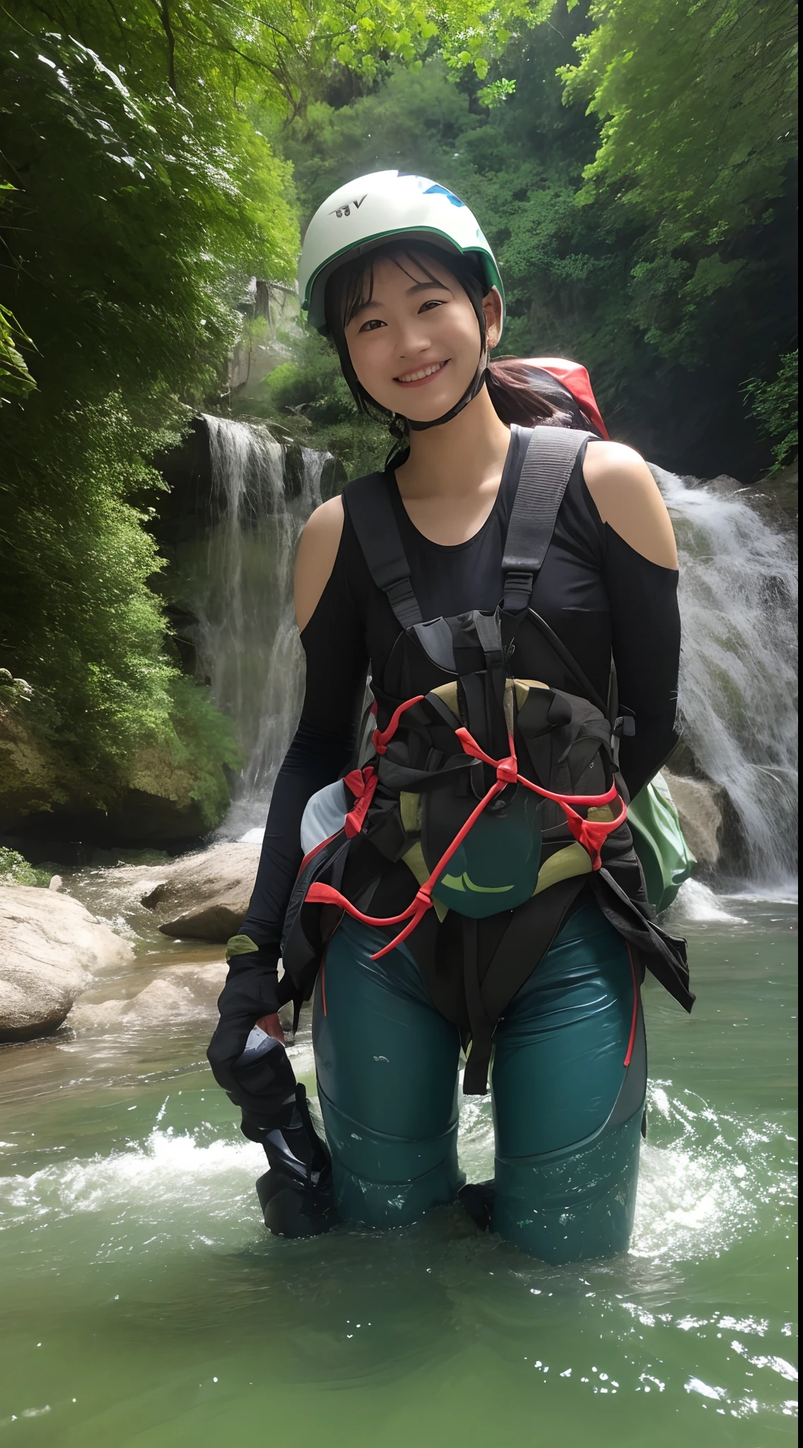 (top-quality、8K、​masterpiece:1.3))、full body Esbian、long legged、Beautiful woman with perfect body shape:1.4、A slender、dark brown  hair、poneyTail、helmets、Canyoning、Breaststroke swimming in the abyss、Blue mountaineering wear、long-sleeve、Highly detailed facial and skin texture、A detailed eye、二重まぶた、a smile、Beautiful breasts、Less exposure、Waterfall Swimming、River climbing、Very big waterfall in the background、Emerald green waterhole、hiking boots、Sunny river、backpack、Sawa tabi、helmets、Climbing rope、